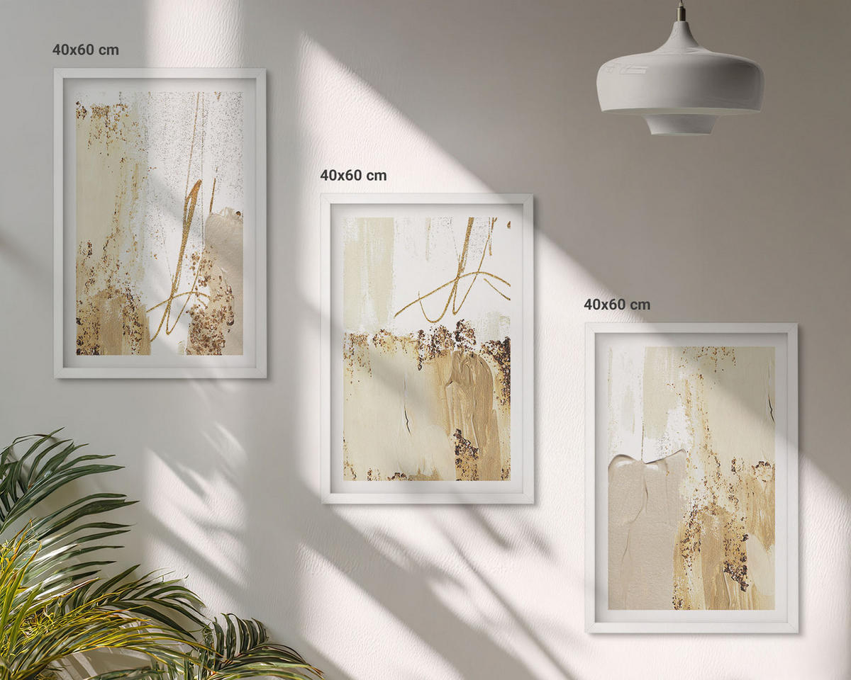 BILDER SET 3er Set - 40x60 cm Weißer Rahmen - Abstrakte Muster beige weiß - Weiß, Kunststoff (40/60cm) - TULUP
