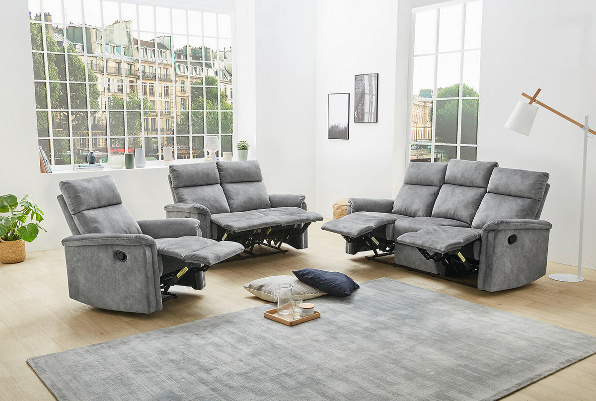 3-SITZER-RELAXSOFA Federkern, Liegefunktion verstellbar durch halbautomatische Relaxfunktion B180/T90/H100 cm, Velours Vintage Grau / 15128 - Hellgrau/Schwarz, Textil (180/100/90cm) - luma-home