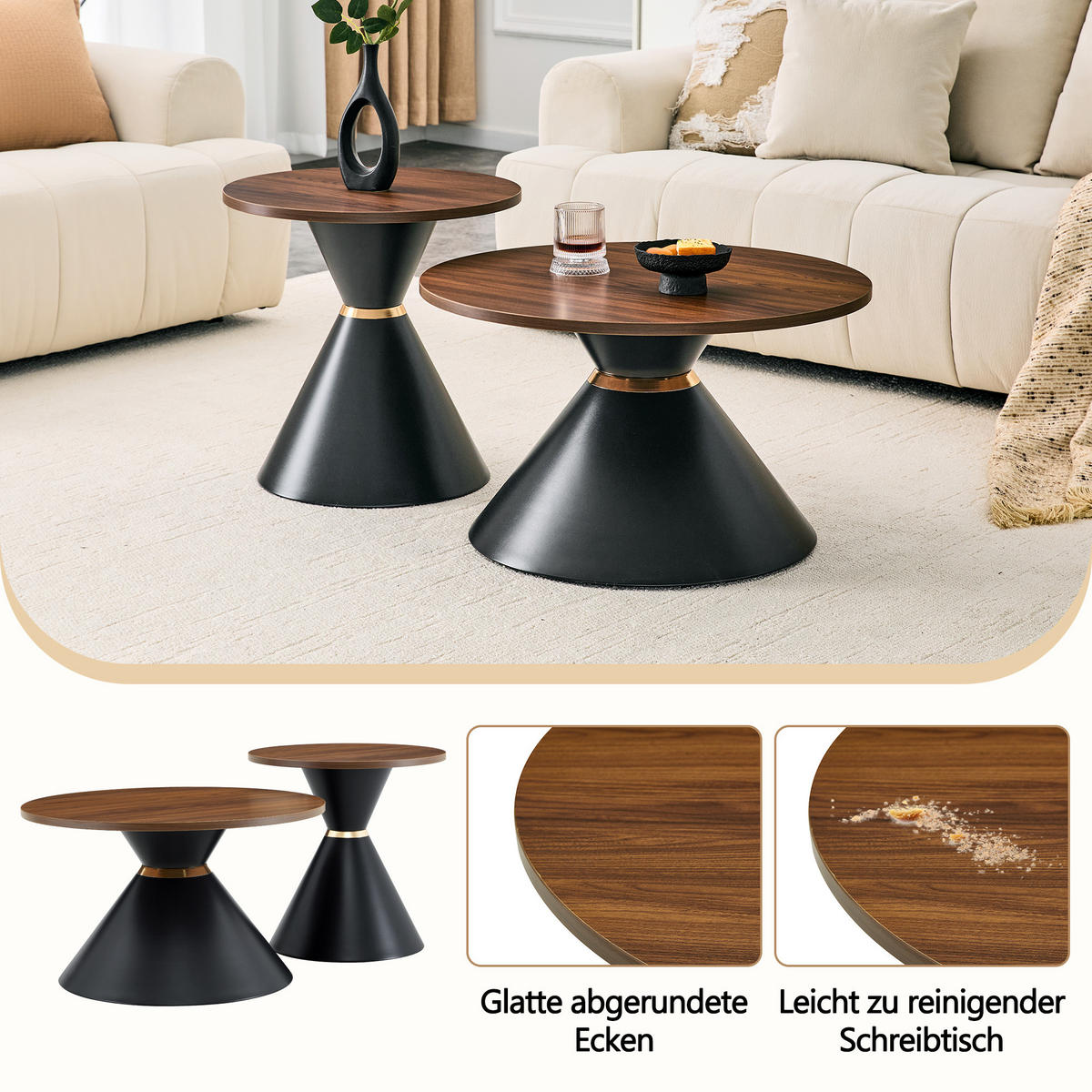 KONFERENČNÍ STOLEK sada 2 ks v dekoru ořechu a černé, kuželový design - barva vlašského ořechu, kov (70/70/42.5cm) - Urban Meuble