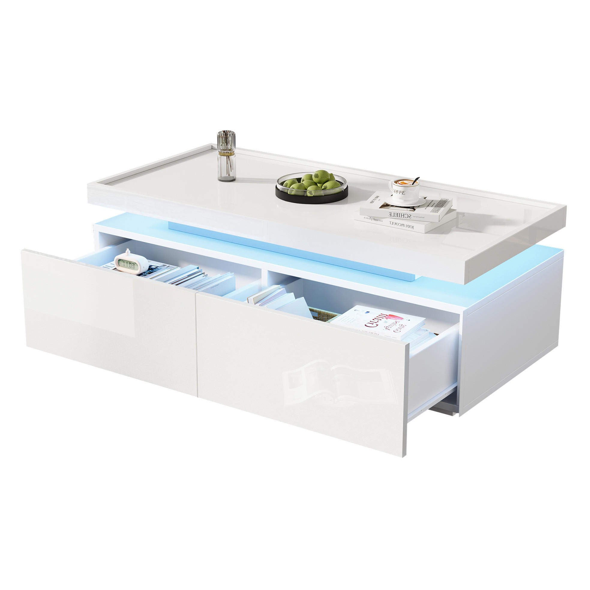 COUCHTISCH 95/45/35 cm Weiß aus Spanplatte mit LED und 2 Schubladen - Weiß, Holzwerkstoff (95/45/35cm) - OKMYHOME