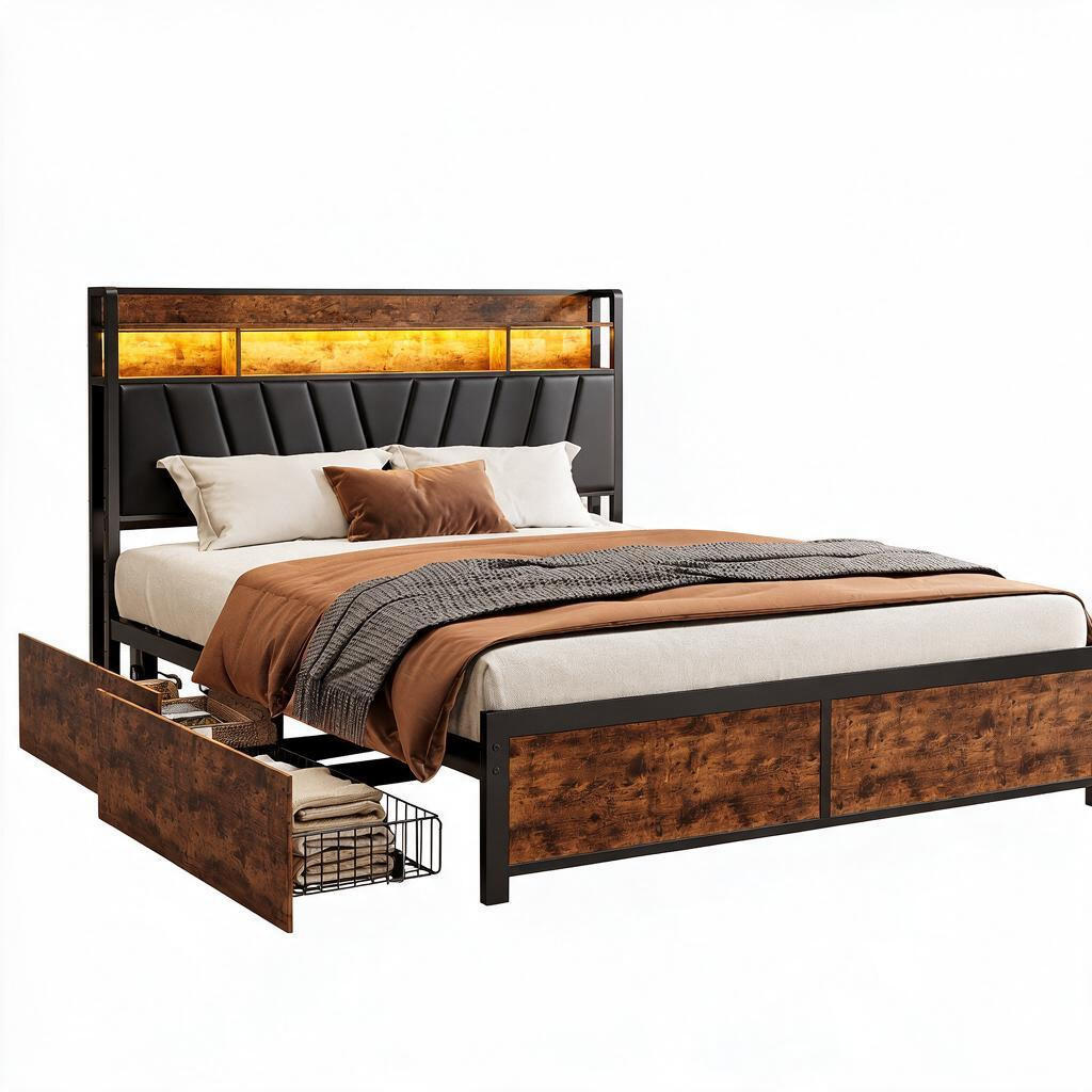 DOPPELBETT 180/200 cm mit Schubladen LED-Beleuchtun und USB - Braun, Holz (180/200cm) - PARAFTA HOME