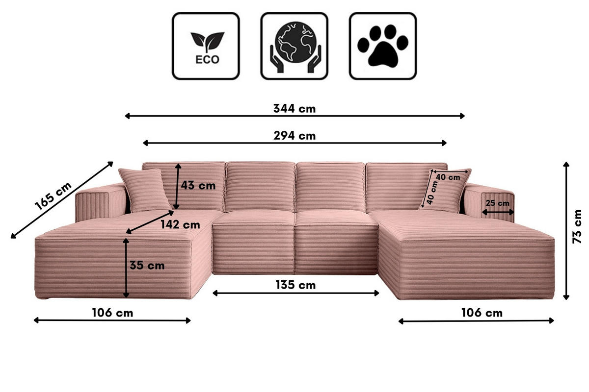 ECKSOFA Siena U ein Stil, der zum Entspannen einlädt, Stoff Velo Rosa - Rosa, Holz/Textil (344/73/165cm) - Kaiser Möbel