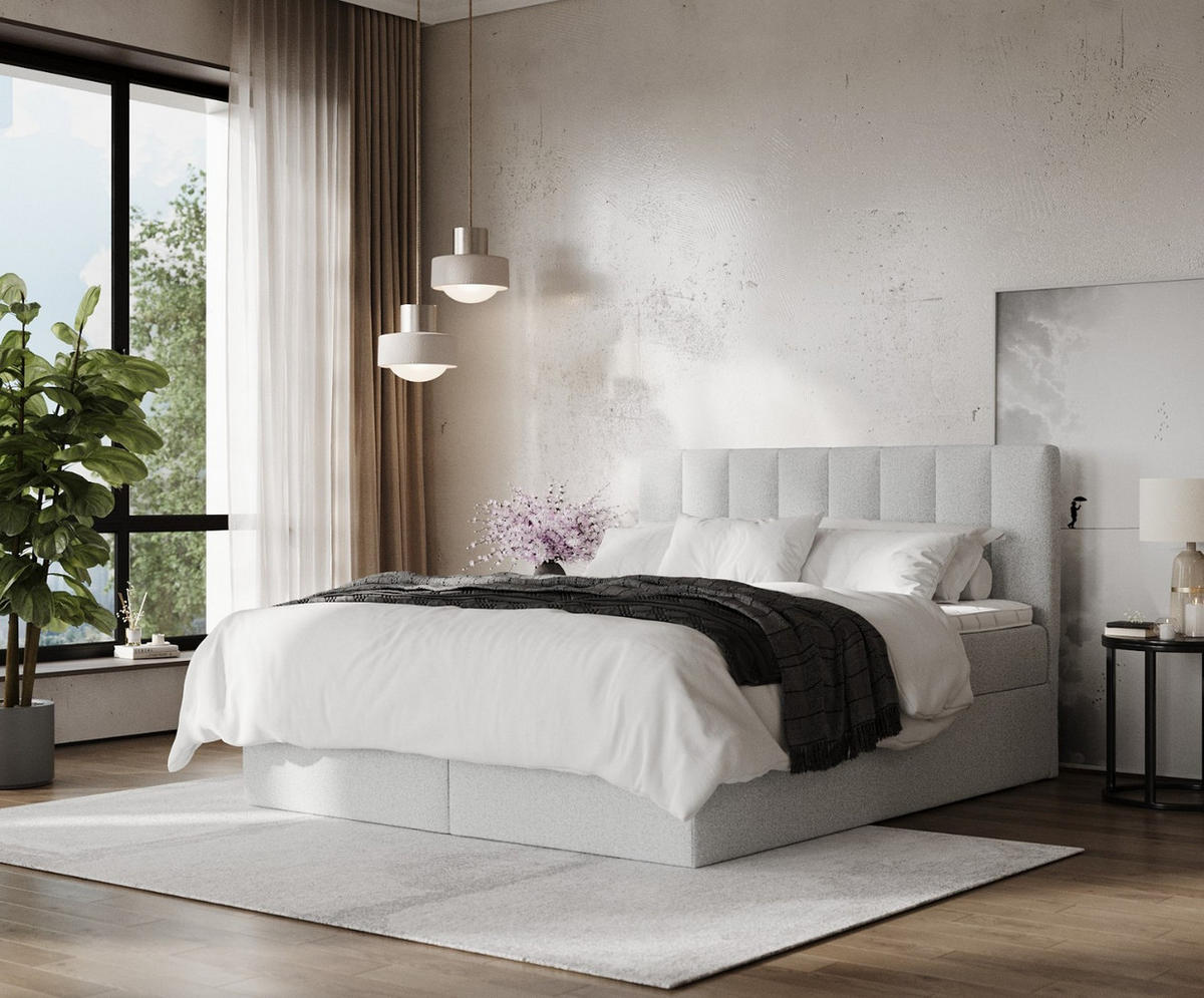 BOXBETT Lusso 140/200 cm Hellgrau im Riva Stoff - Hellgrau/Schwarz, Holz/Holzwerkstoff (140/200cm) - AltaBeds