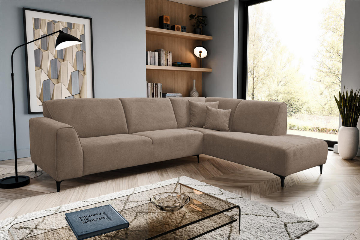 ECKSOFA Mula in L-Form, Coach Farbe: Braun, Velourstoff, Ottomane Rechts - Braun, Textil (274/210cm) - VENASI MÖBEL