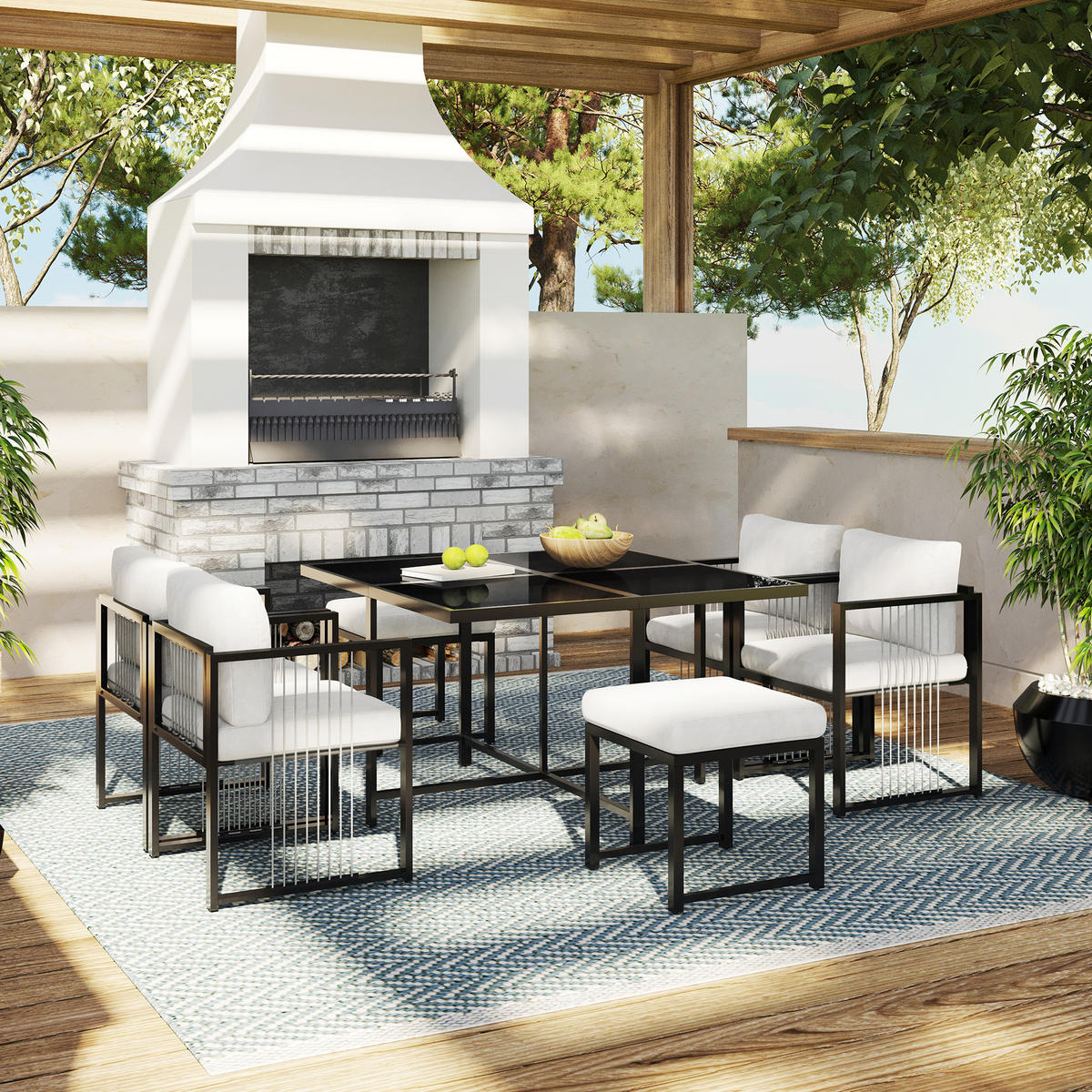 GARTENSET 7 tlg 6 Personen Tisch Stühle - Schwarz, Metall - LEBENLANG