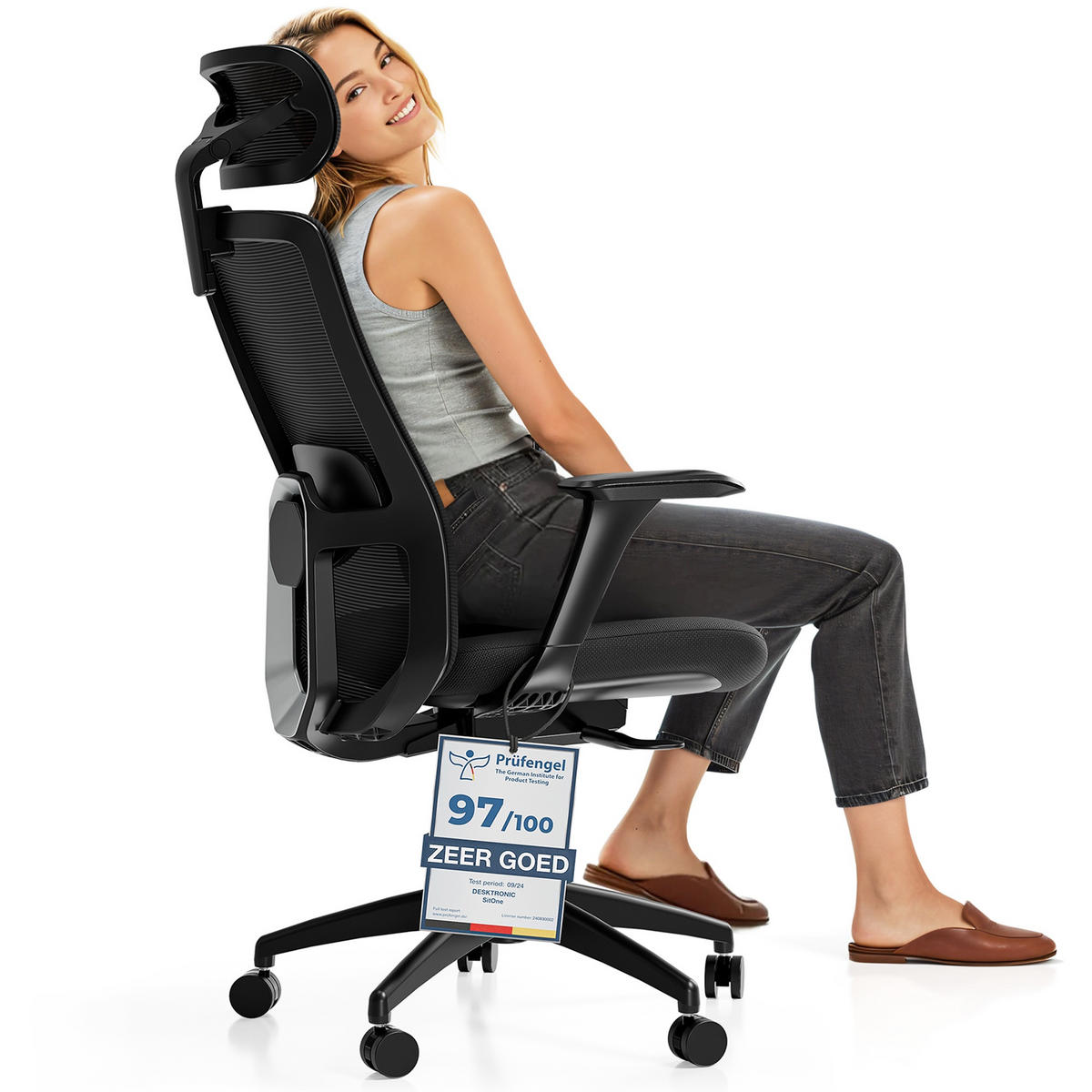 BÜROSTUHL Verstellbarer Ergonomischer SitOne Schwarz 4-Dimensional Armlehne, Integrierte 4-Wege-Lendenwirbelstütze - Schwarz, Kunststoff (60/125/68cm) - Desktronic