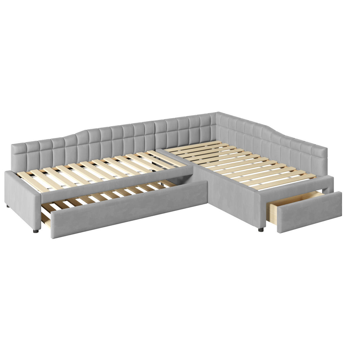 L-FÖRMIGES Polsterbett 2x90x200 cm in Grau mit Ausziehbett und Schubladen - Grau, Textil (90/200cm) - IVMEU