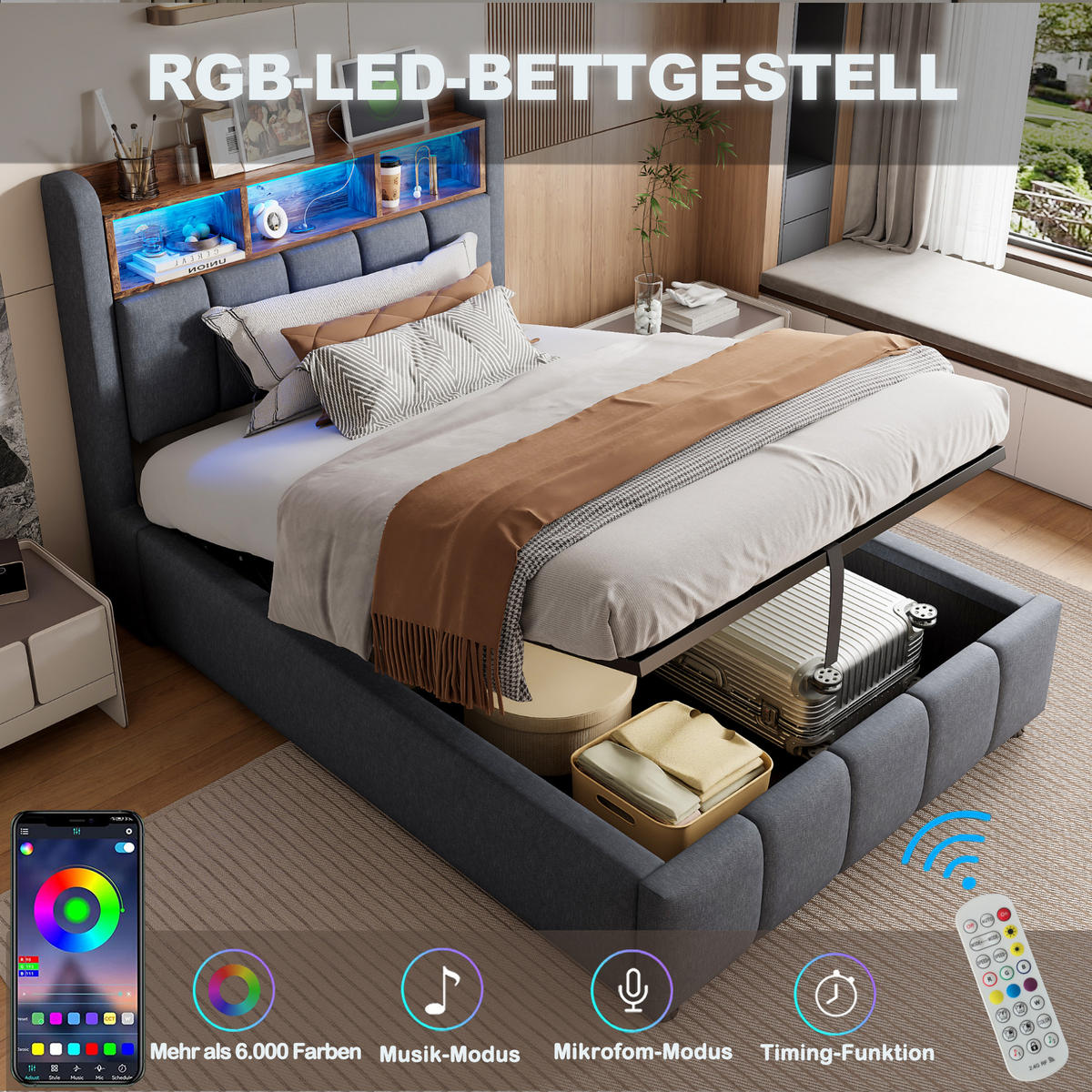 POLSTERBETT 90x200 cm LED USB Stauraum grau - Grau, Textil (90/200cm) - LEBENLANG