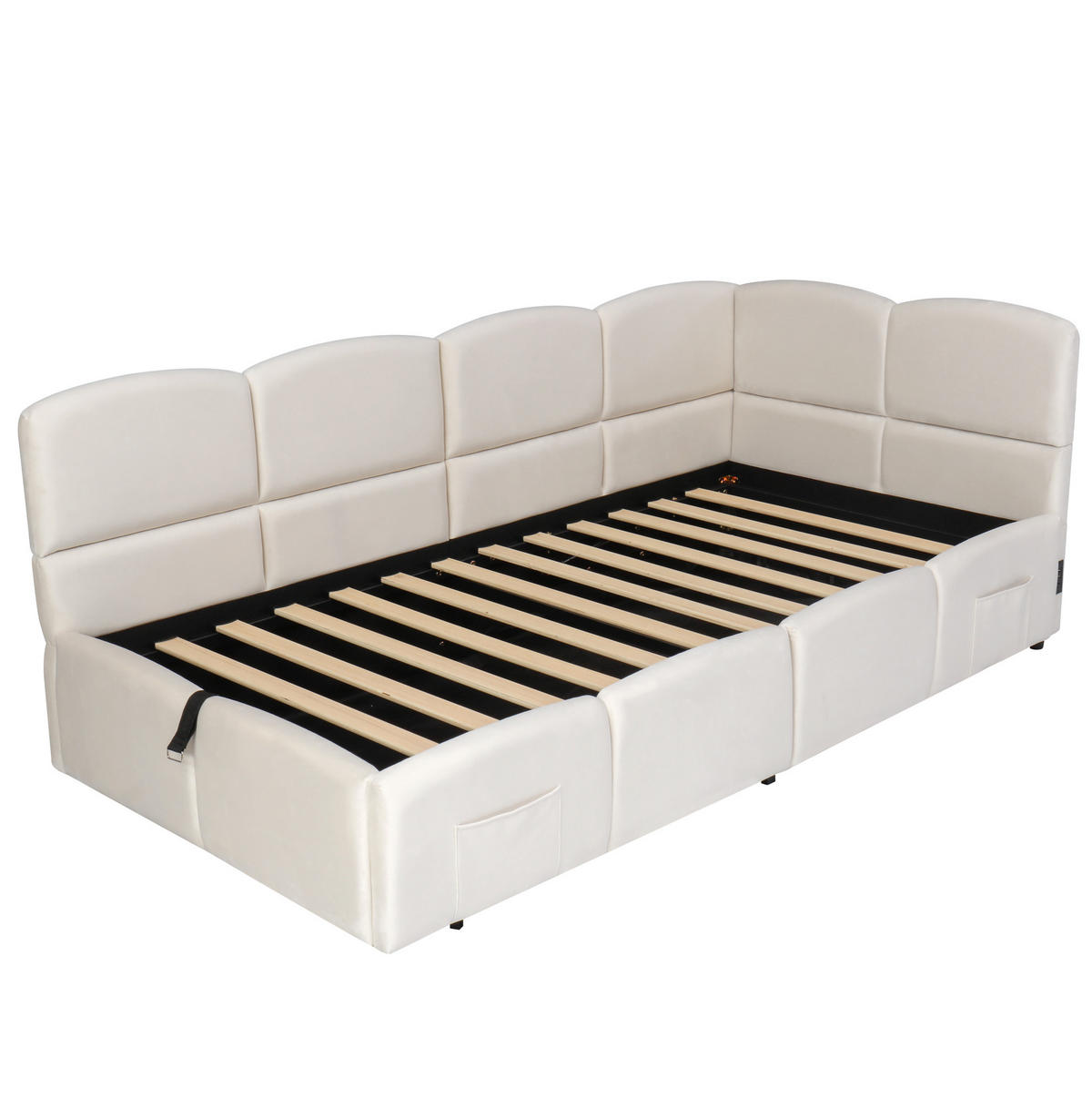 POLSTERBETT 90/200 cm beige aus Samt mit Stauraum, USB und Seitentaschen - Beige, Holzwerkstoff (90/200cm) - OKWISH
