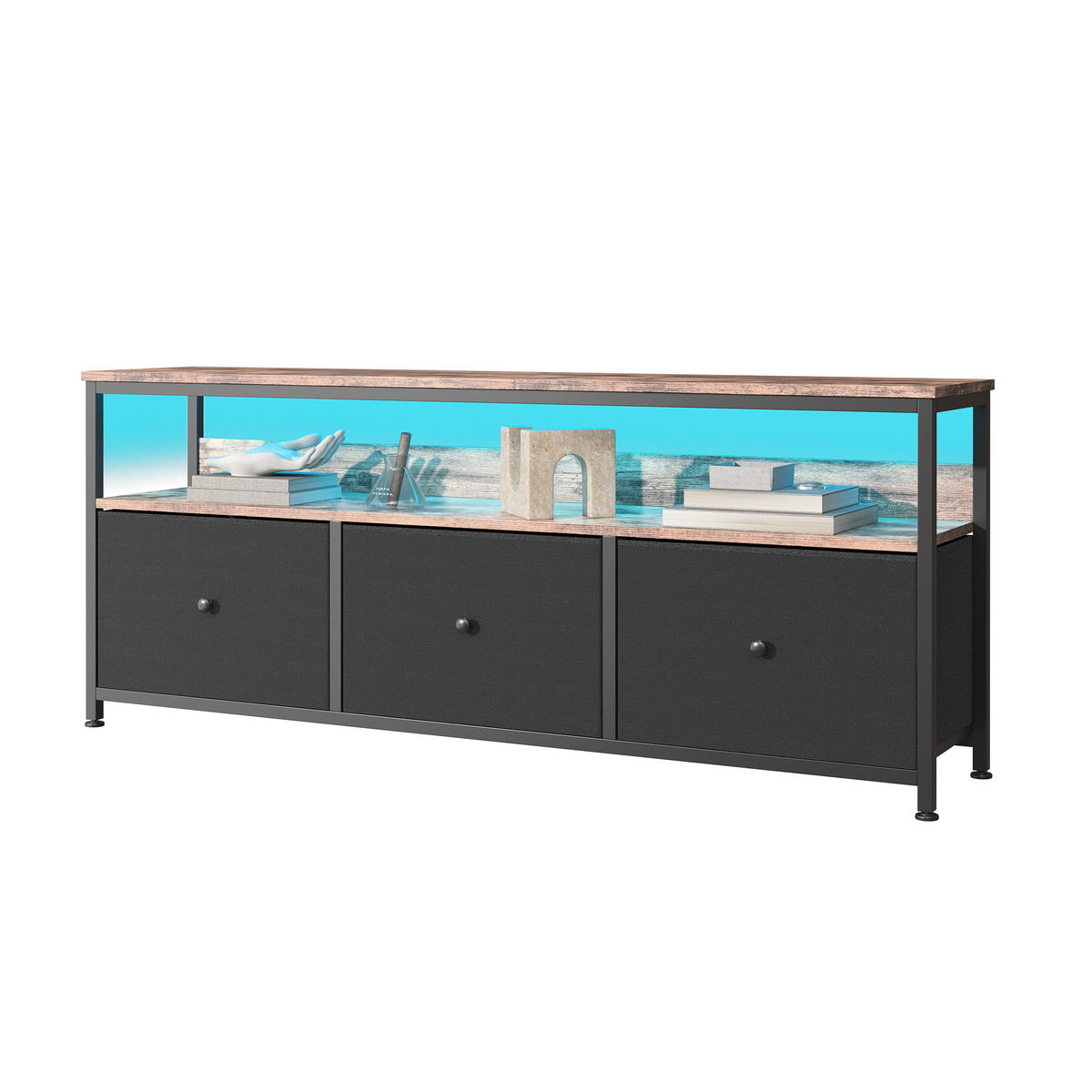 LOWBOARD mit LED-Beleuchtung, 108x29.8x57 cm, mit drei Schubladen, Stoffmaterial - Schwarz, Metall (29.8/57/108cm) - WoodenAura