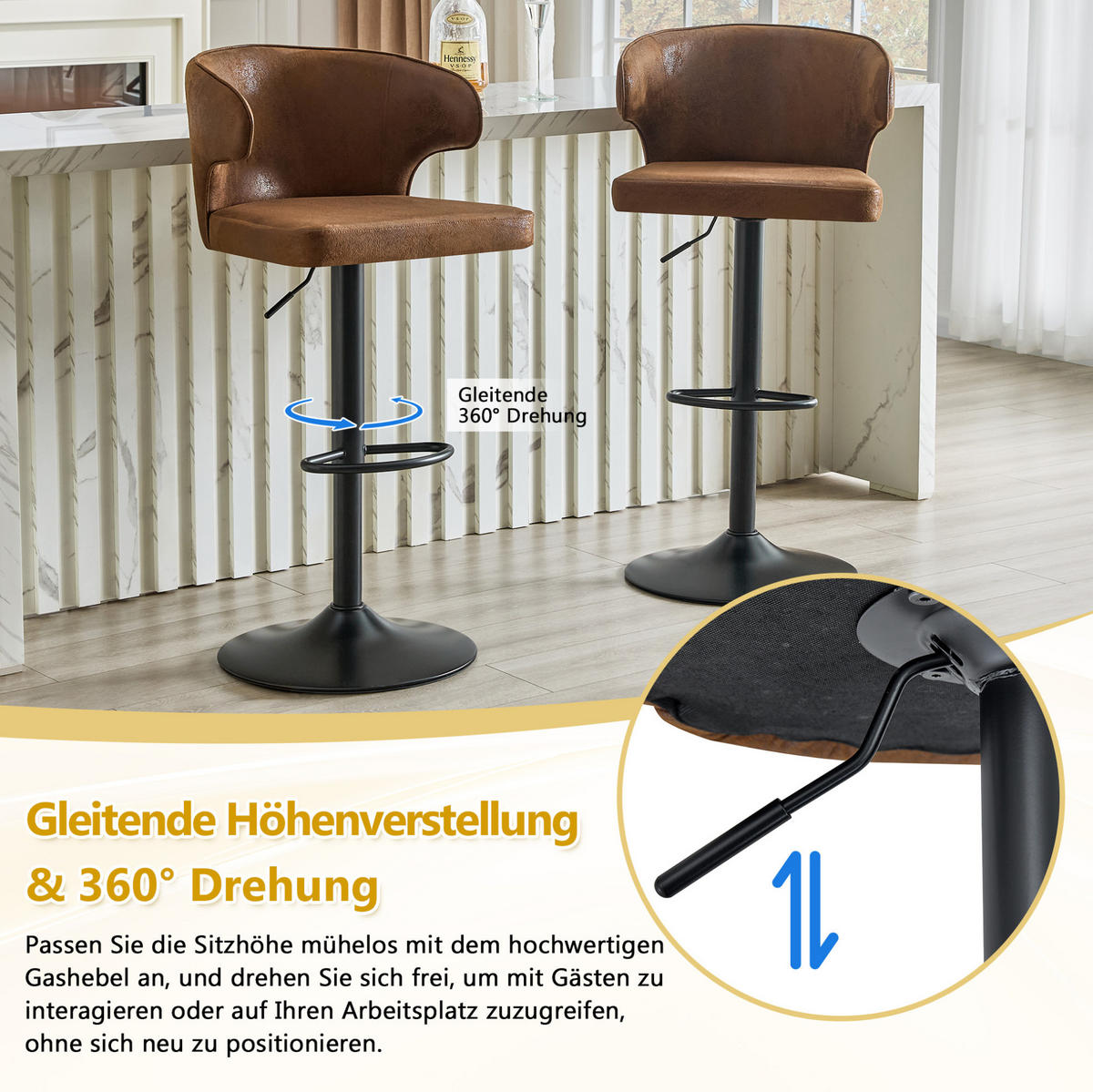 BARHOCKER 2er-Set höhenverstellbar, drehbar, mit Lehne, Braun - Braun, Metall (45/110/49.7cm) - Meubliv