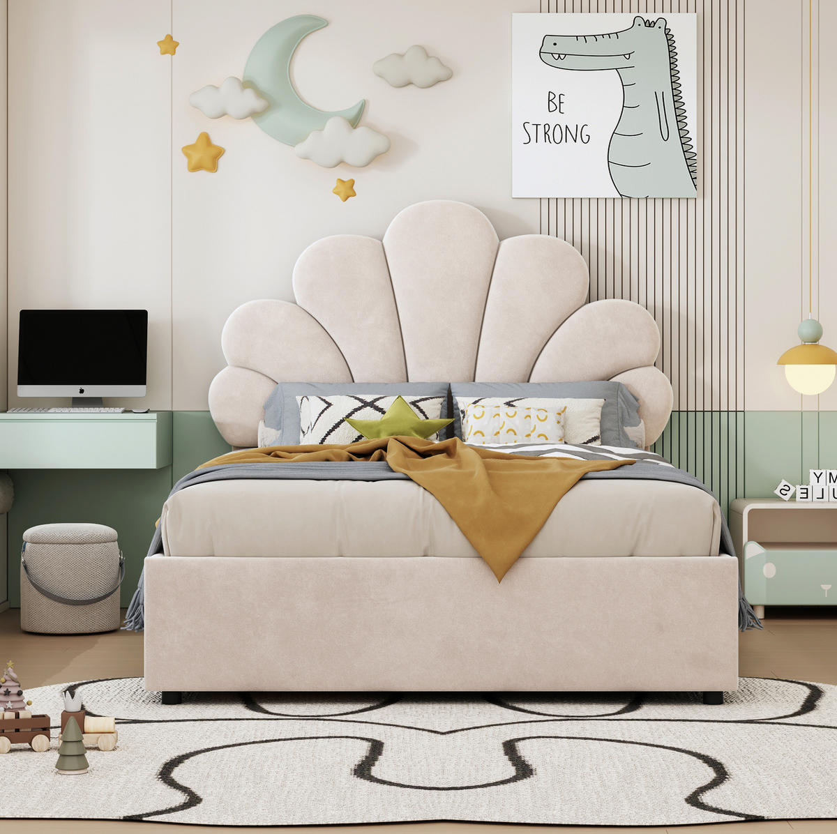 KINDERBETT Polsterbett 90/200 cm aus Samt mit floralem Kopfteil und hydraulischem Stauraum Beige - Beige, Textil (90/200cm) - Modenvie