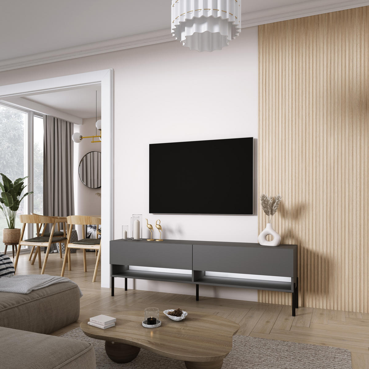 TV-LOWBOARD 170 cm Anthrazit, gerade schwarze Beine, weiße LED, 170 × 32 × 52 cm - Grau, Holzwerkstoff (170/52/32cm) - 3XE LIVING
