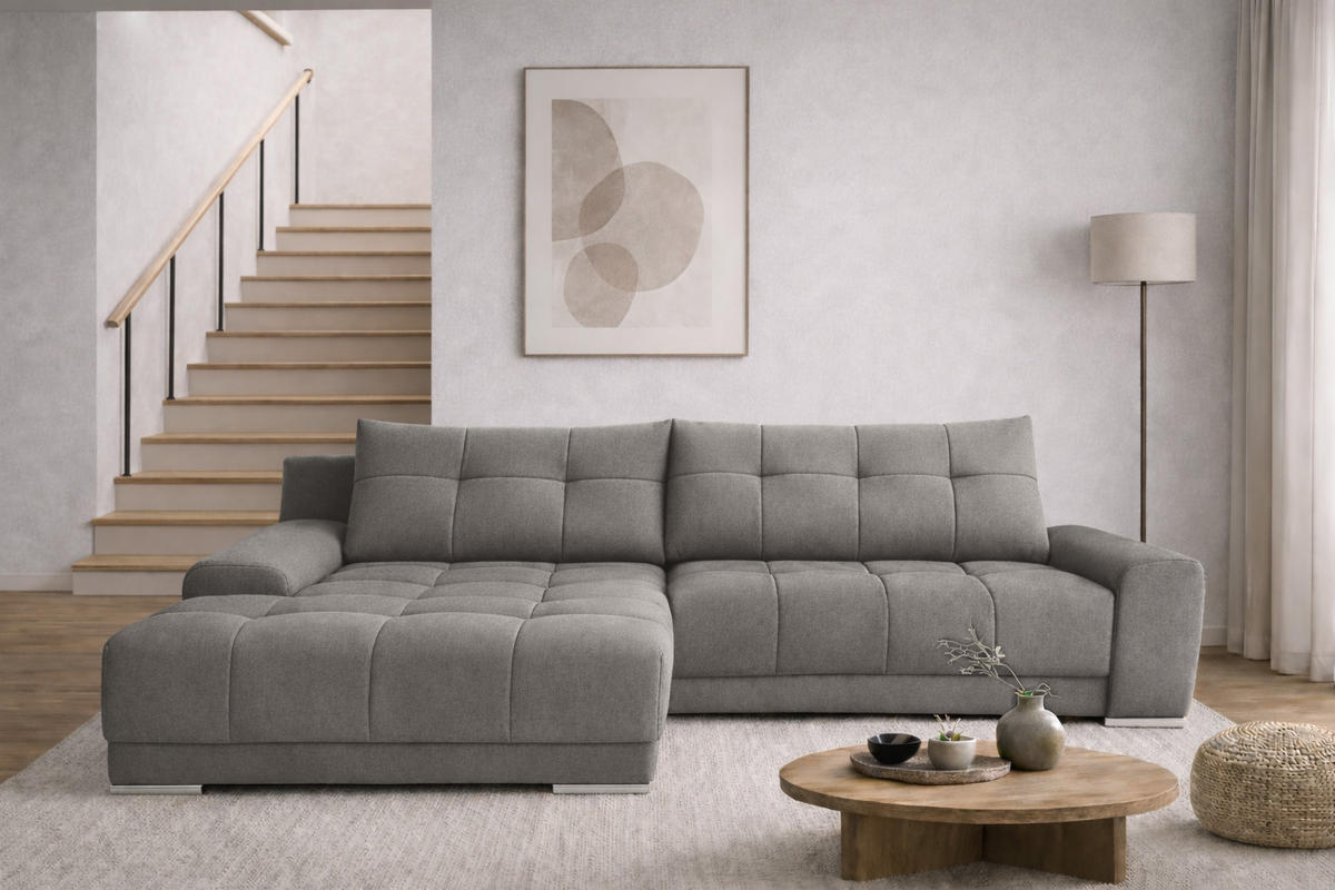 ECKSOFA WAVE Mit Schlaffunktion, Stoff SORO, Grau Links - Grau, Holz (105/281cm) - Kaiser Möbel