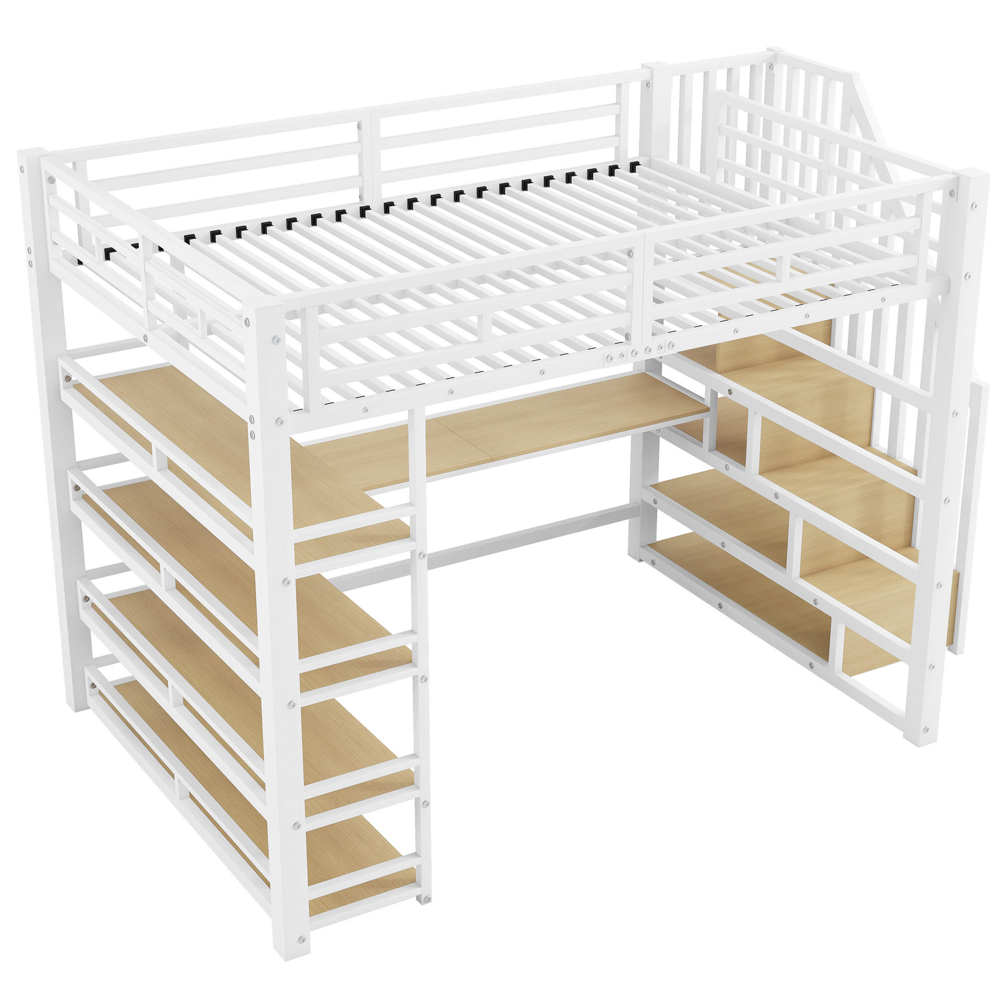HOCHBETT 140/200 cm DE-03408, mit Treppe, Schreibtisch, Staufächern und LED, in Weiß - Weiß, Holzwerkstoff/Metall (140/200cm) - ComfortXL