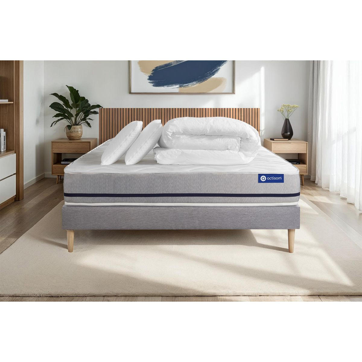 BETT Actiflex soft Taschenfederkern 140 x 190 cm h2 - Kit Bettgestell Grau - Mit Kissen und Bettdecke - Beige/Grau, Karton/Holz (140/190cm) - ACTISOM
