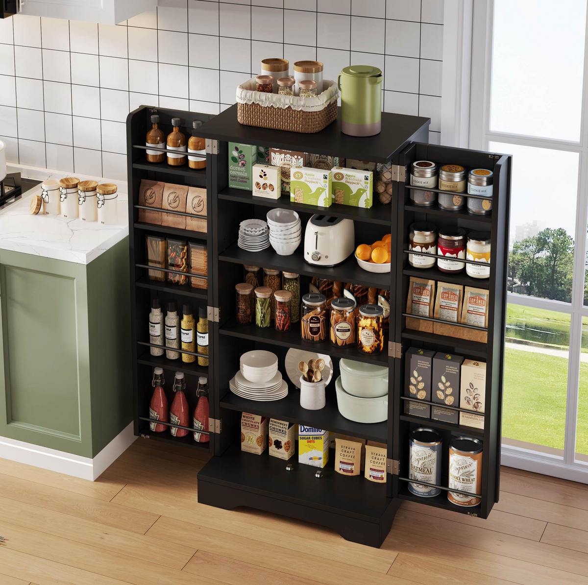 ANRICHTE Hochschrank 120/60/40 cm aus MDF mit LED-Sensorlicht und verstellbaren Regalböden Schwarz - Schwarz, Holzwerkstoff (60/120/40cm) - Modenvie