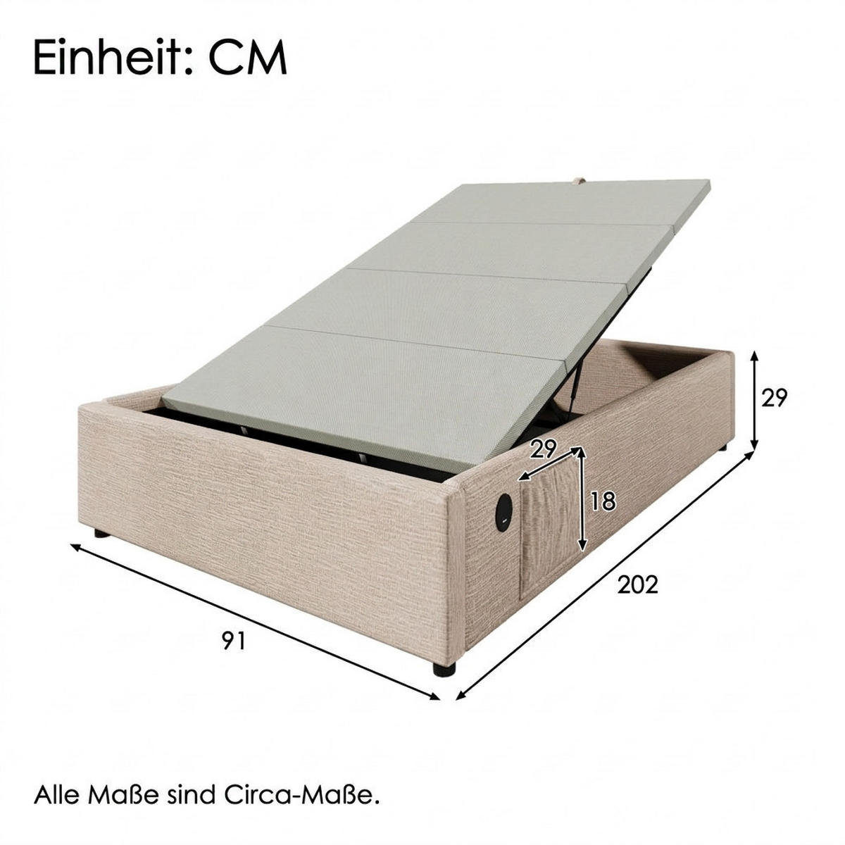 POLSTERBETT 90/200 cm Natürlich mit USB- C, Ohne Kopfteil - Naturfarben, Textil (90/200cm) - Oxeza
