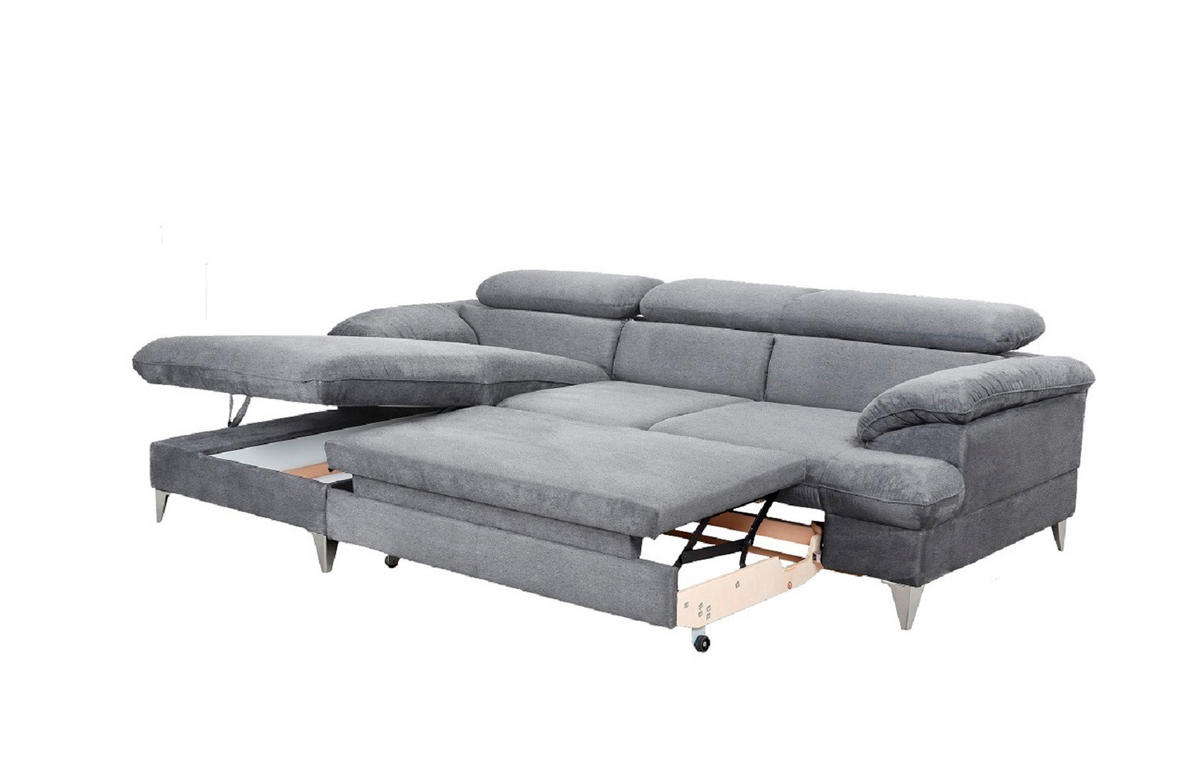 ECKSOFA mit Schlaffunktion und Bettkasten, verstellbare Kopfstützen - Chromfarben/Hellgrau, Textil/Metall (254/167cm) - Cotta