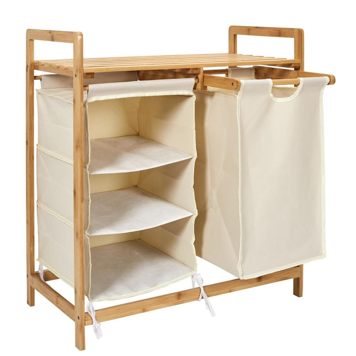 BADEZIMMER-ORGANIZER mit 4 Fächern aus Bambus und Stoff 38/69,5/77 cm - Eschefarben, Holz (38/69.5/81cm) - Calicosy