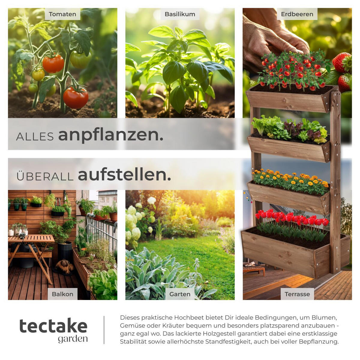 HOCHBEET Flora, inklusive Pflanzvlies, 85 x 45 x 140 cm, braun - Braun, Holz (85/140/45cm) - tectake