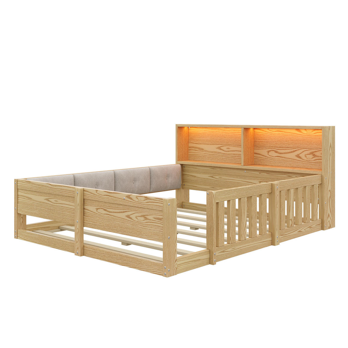 KINDERBETT aus Spanplatte & Plüsch 140x200 cm Natur mit Gitter, LED und Stauraum - Naturfarben, Holzwerkstoff (140/200cm) - Modfu