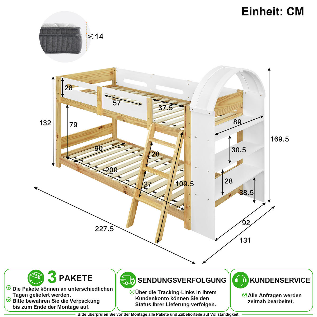 ETAGENBETT 90/200 cm & 90/200 cm in Weiß & Natur mit Regal, Bettgitter und Trittleiter - Weiß/Naturfarben, Holz/Holzwerkstoff (90/200cm) - CHICFURN