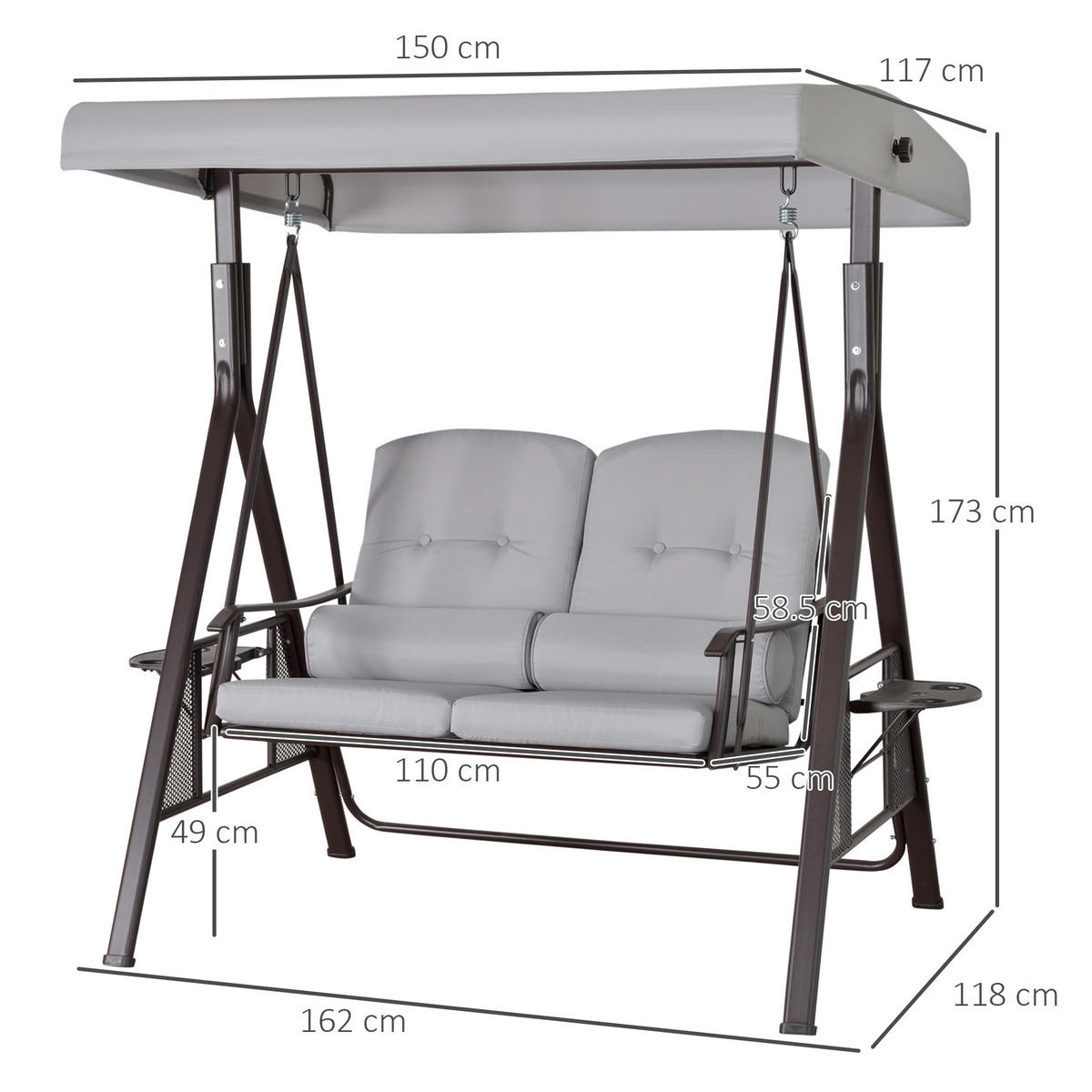 HOLLYWOODSCHAUKEL aus Metall 162x118x173 cm in Grau mit Sonnendach & Ablagen - Grau, Metall (162/173/118cm) - Modfu