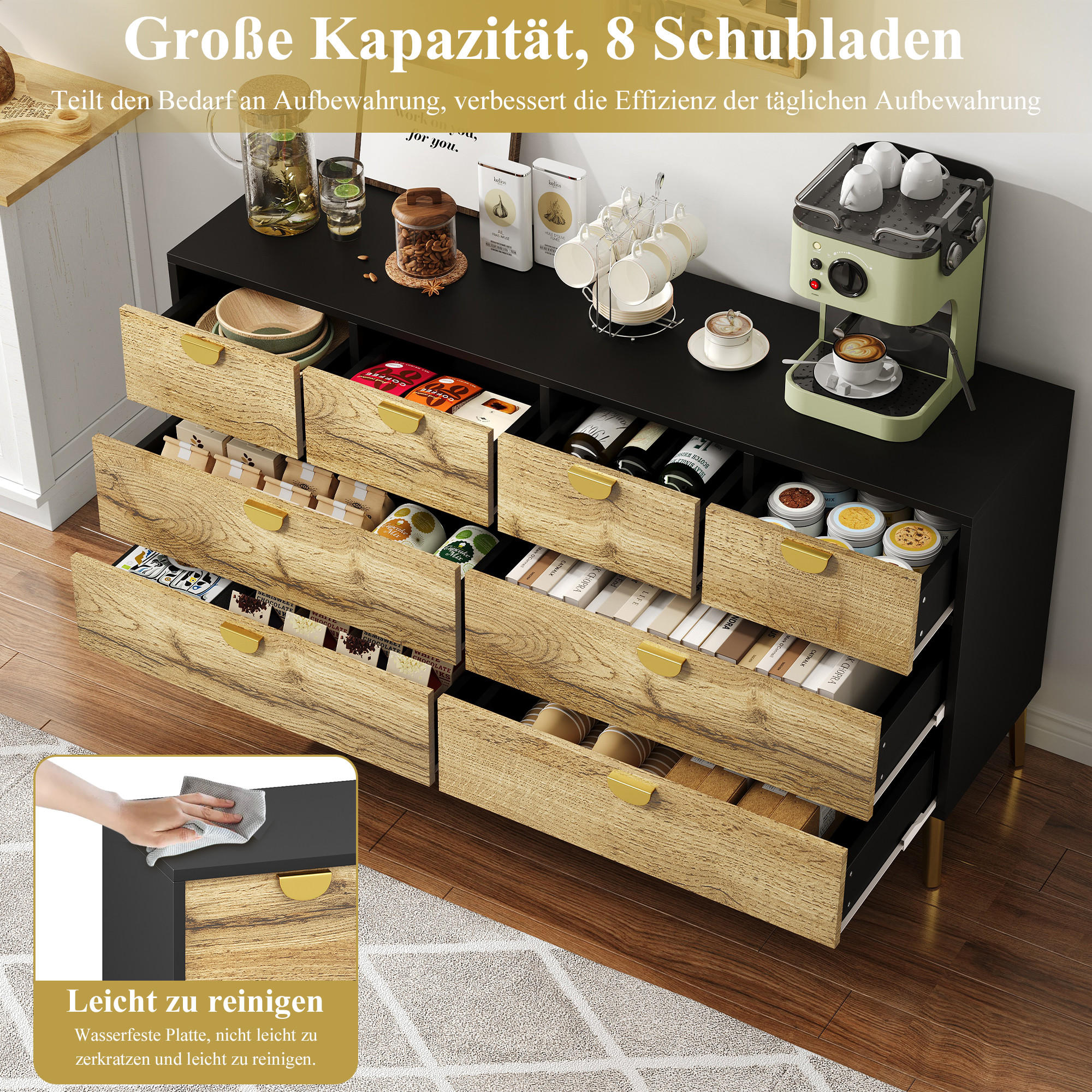SIDEBOARD mit 8 Schubladen Brown und Black 150/40/78 cm - Braun, Holz (40/78/150cm) - Urban Meuble