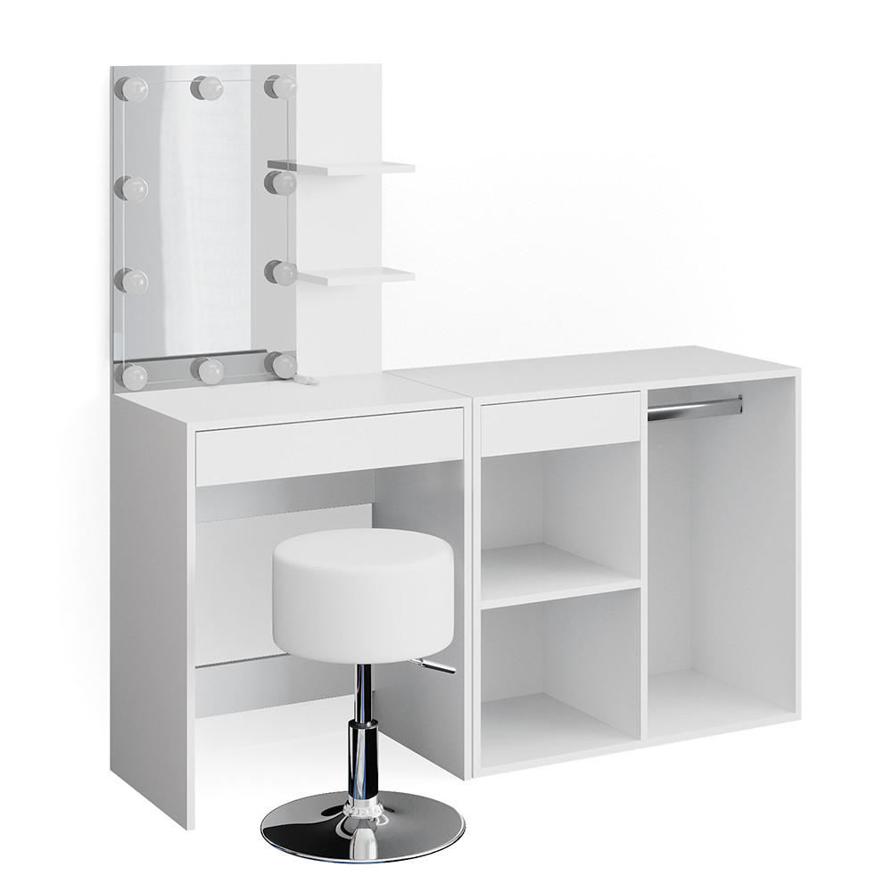 MASA DE TOALETA Isabelle, Alb, 140 cm cu oglinda, ghirlanda LED, taburet si dulap suplimentar