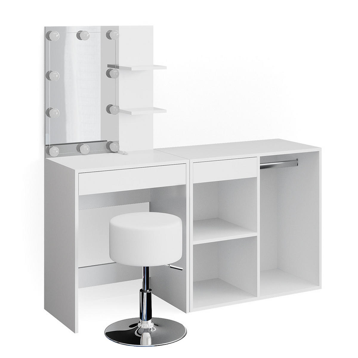 SCHMINKTISCH Isabelle Weiß 60 cm mit LED, Hocker und Schrank - Weiß, Holzwerkstoff (60/140/40cm) - Vicco