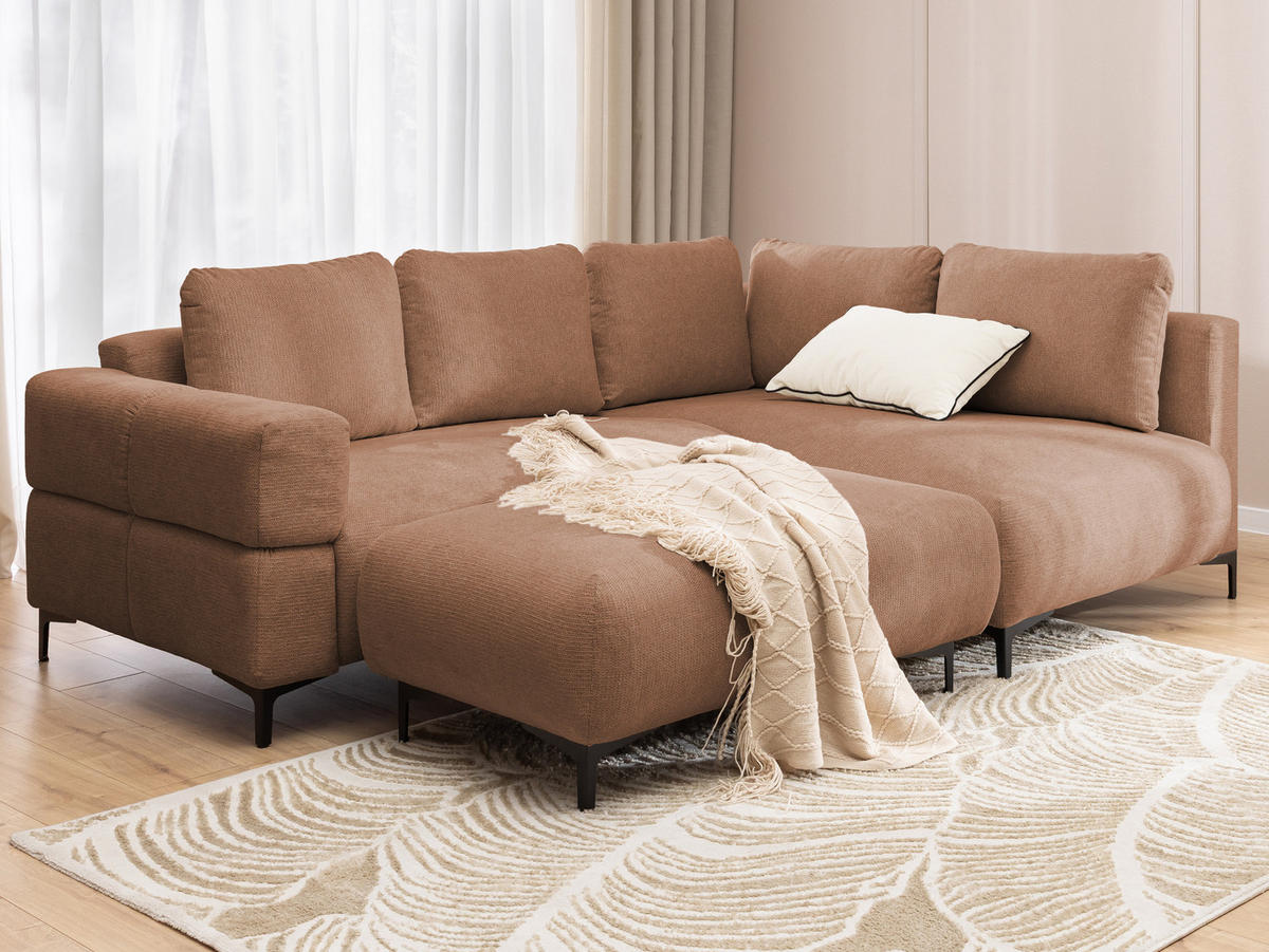 ECKSOFA inkl. Hocker Cardea mit Schlaffunktion in Bubble-Optik aus weichem Terrakotta Strukturstoff und hohem Sitzkomfort - Ottomane rechts - Terracotta/Schwarz, Holz/Textil (230/170cm) - S-Style Möbel