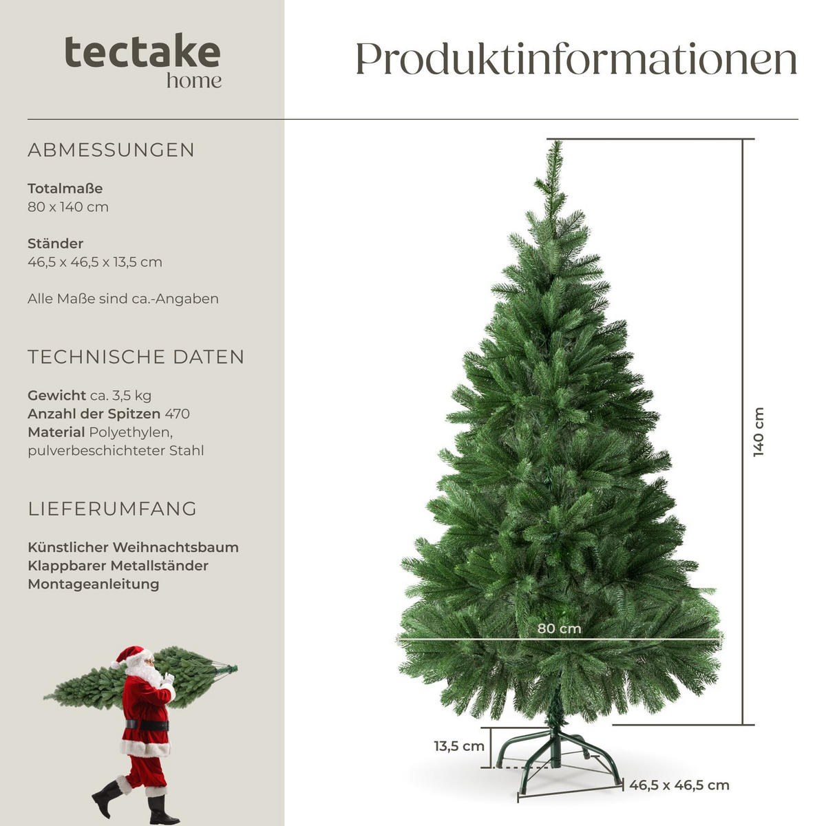 WEIHNACHTSBAUM , inklusive Metallständer mit Kunststoffkappen, grün - Grün, Kunststoff (140cm) - tectake