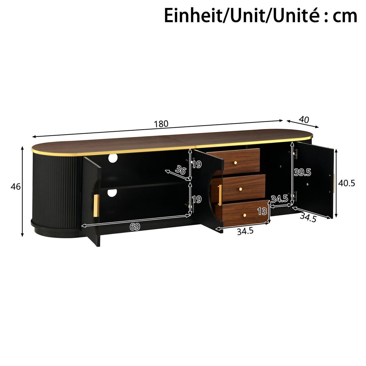 TV-SCHRANK Lowboard MDF Rillenoptik Braun - Schwarz, Holzwerkstoff (180/46/40cm) - FLIEKS