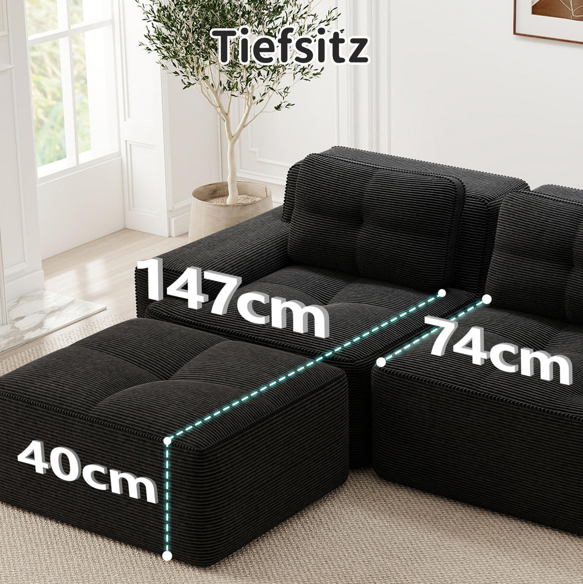 ECKSOFA 293/104/69 cm schwarz aus Cord mit Tiefsitz und montagefrei - Schwarz, Textil (177/293cm) - OKWISH