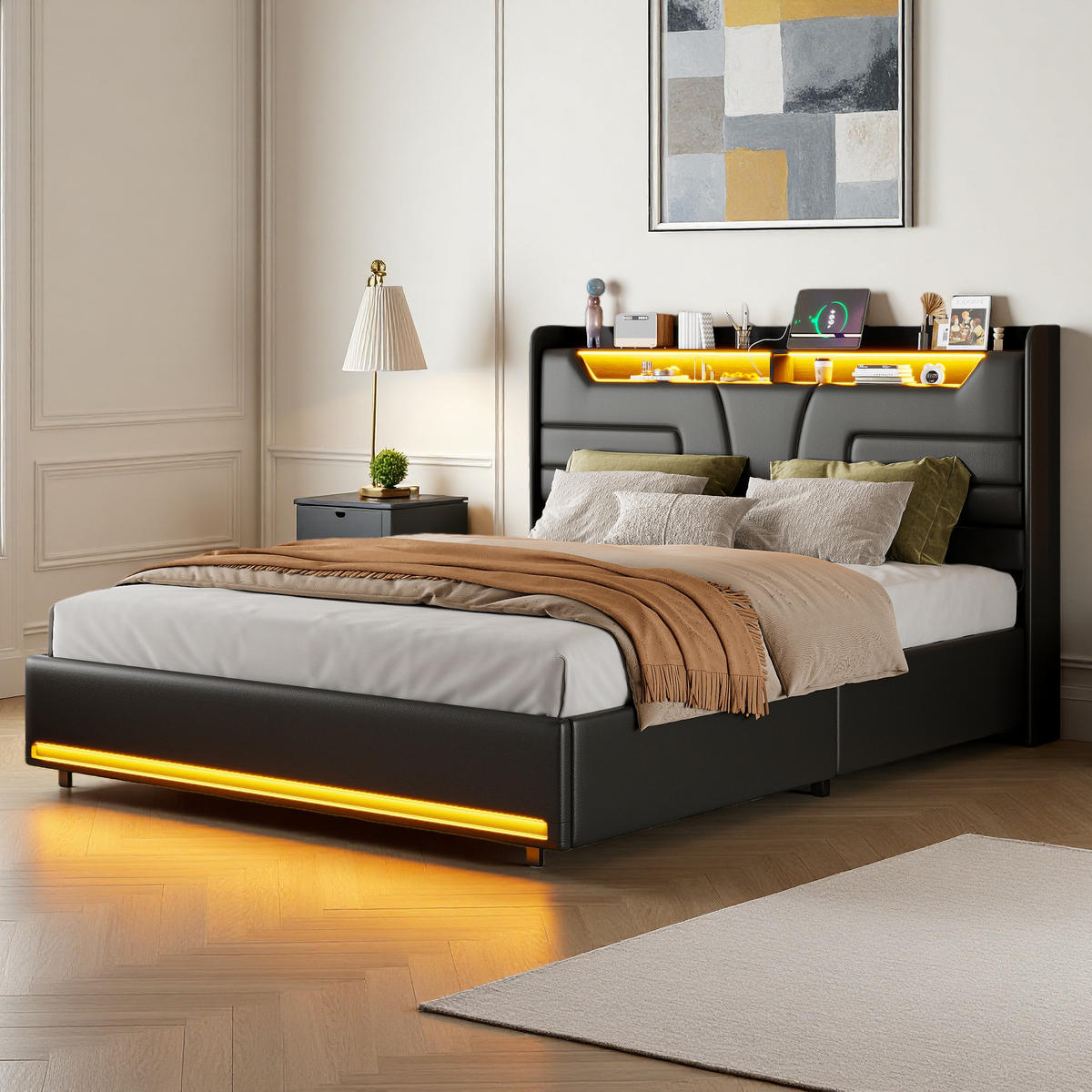 POLSTERBETT 160x200 cm LED USB Hydraulik Stauraum Lattenrost PU schwarz - Schwarz, Holz (160/200cm) - LEBENLANG