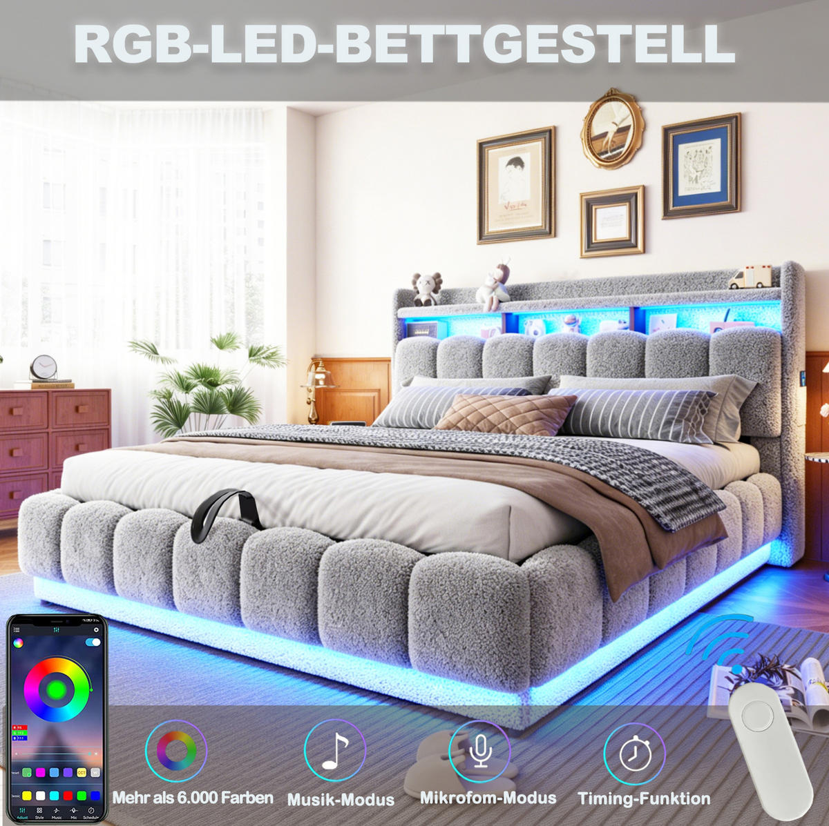 POLSTERBETT 180/200 cm aus Stoff und Metall mit LED-Lichtleiste, USB-Anschluss, Grau - Grau, Textil (180/200cm) - OKMYHOME