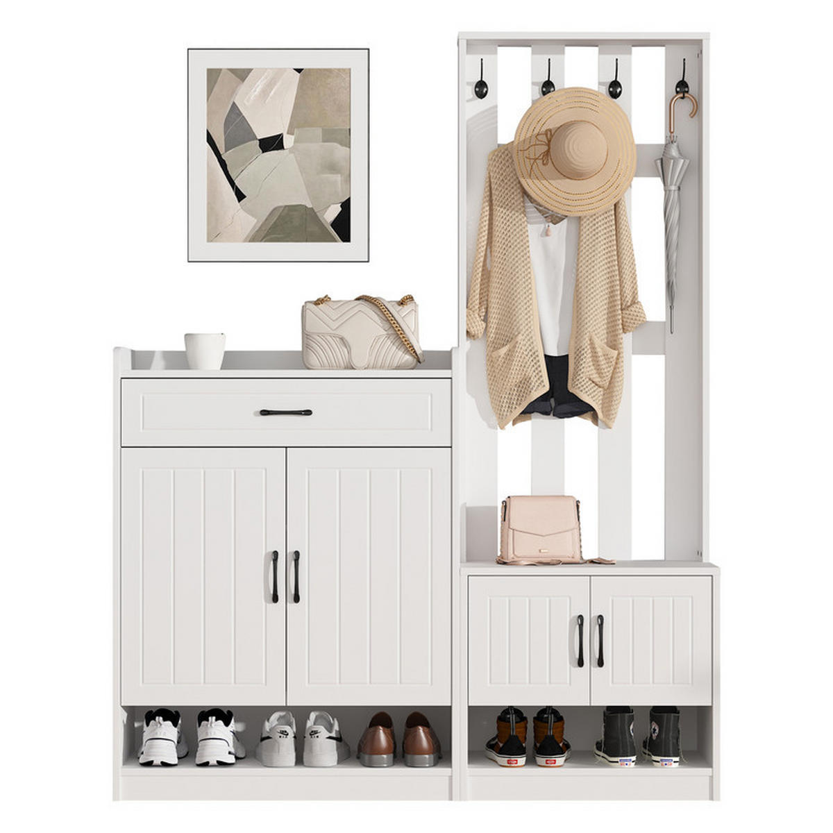 GARDEROBEN-SET WEISS mit Schuhschrank 140.6x32x180 cm - Weiß, Holzwerkstoff (30.5/180/140.6cm) - Fuleadture