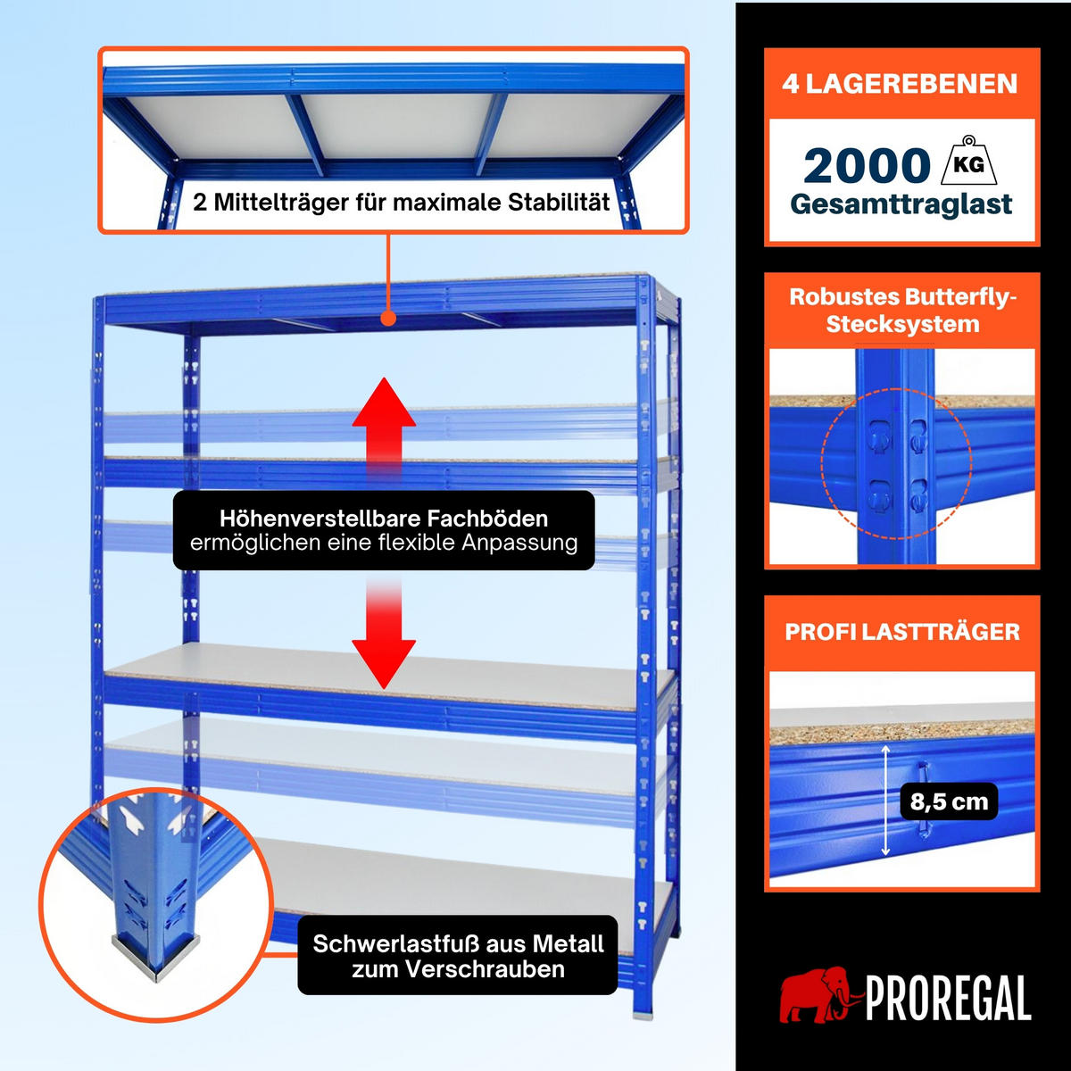 SCHWERLASTREGAL Rhino 180x160x60 cm 4 Melamin-Ebenen 16mm Fachlast 500 kg Blau - Blau/Weiß, Metall (160/180/60cm) - PROREGAL