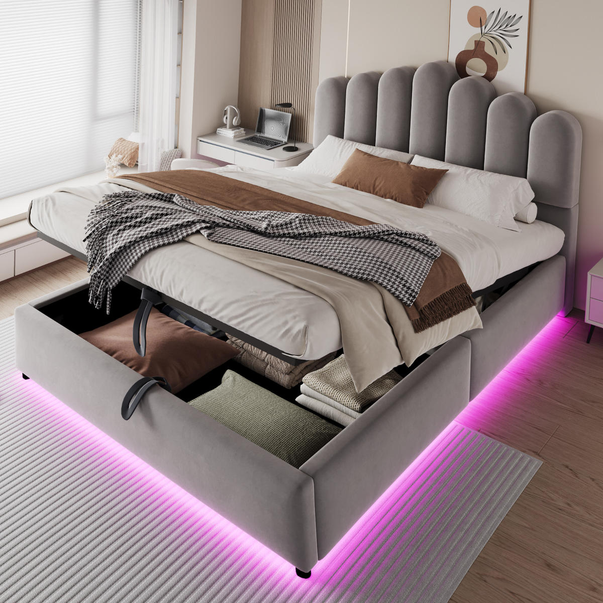 POLSTERBETT 140/200 cm in Grau mit Bettkasten, LED und stabilem Lattenrost aus Samt - Grau, Holzwerkstoff/Textil (140/200cm) - STILVORA