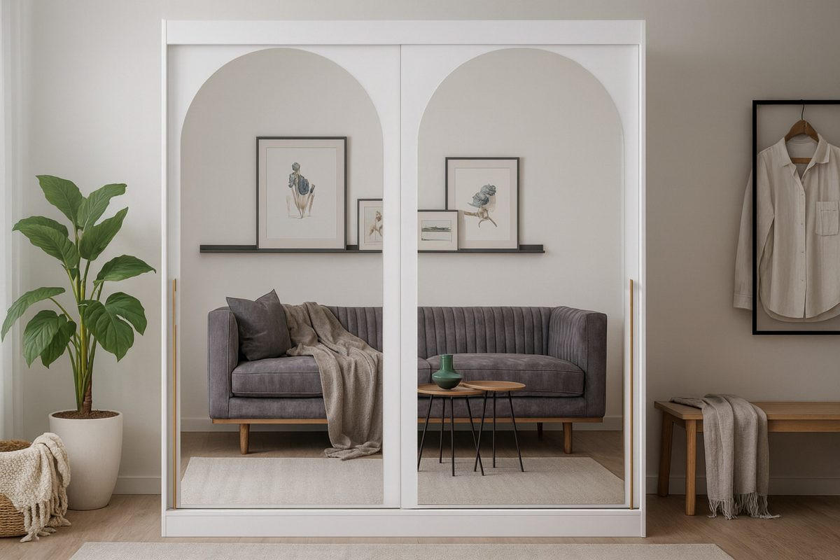 SCHIEBETÜRENSCHRANK MOSSA 200 / 215 / 65 cm in Weiß / Gold - Goldfarben/Weiß, Holzwerkstoff (200/215/65cm) - Deine Möbel 24