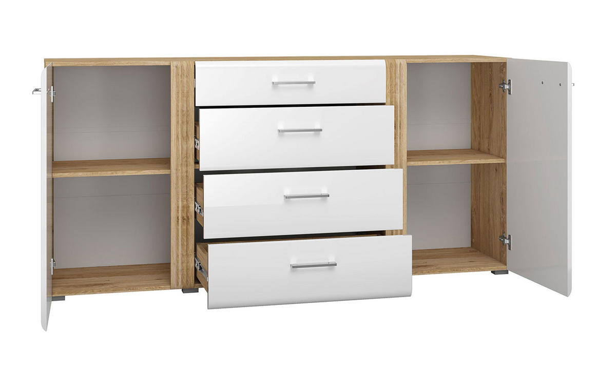 SIDEBOARD Adagio weiß Hochglanz / Eiche castello 190 / 42 / 90cm - Weiß/Braun, Holz/Holzwerkstoff (190/90/42cm) - Feldmann-Wohnen