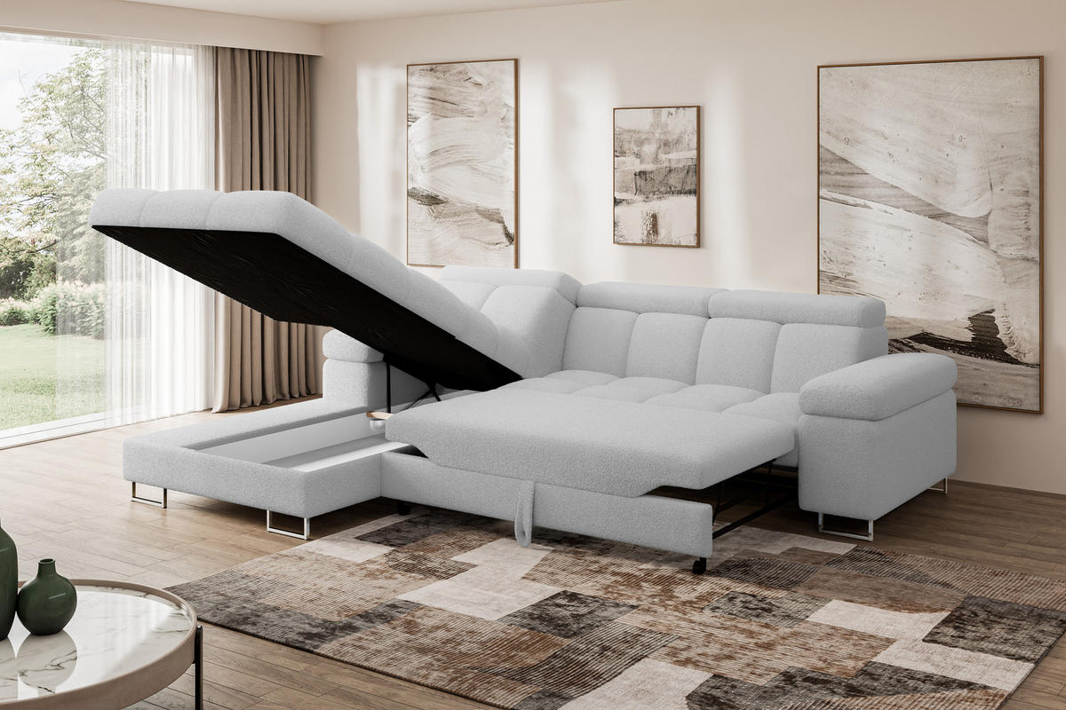 ECKSOFA mit Schlaffunktion Ottomane Links 271x203x79 Hellgrau Bouclé - Edelstahlfarben, Holzwerkstoff/Textil (271/203cm) - ALTDECOR