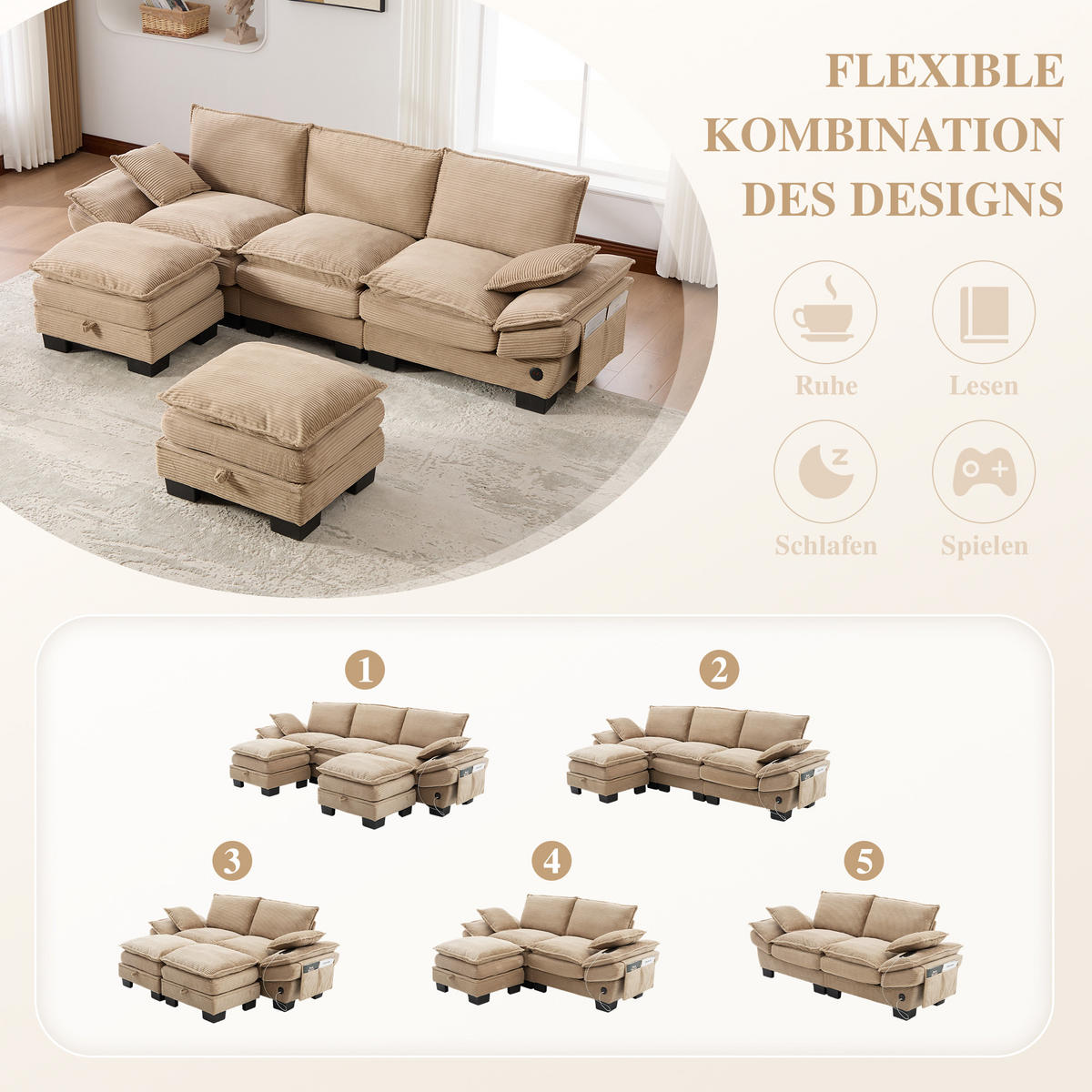 WOHNLANDSCHAFT Cord Khaki mit USB-C, Seitentaschen und 2 Hockern - Hellbraun, Holzwerkstoff/Kunststoff (260/84/132cm) - WISHDOR