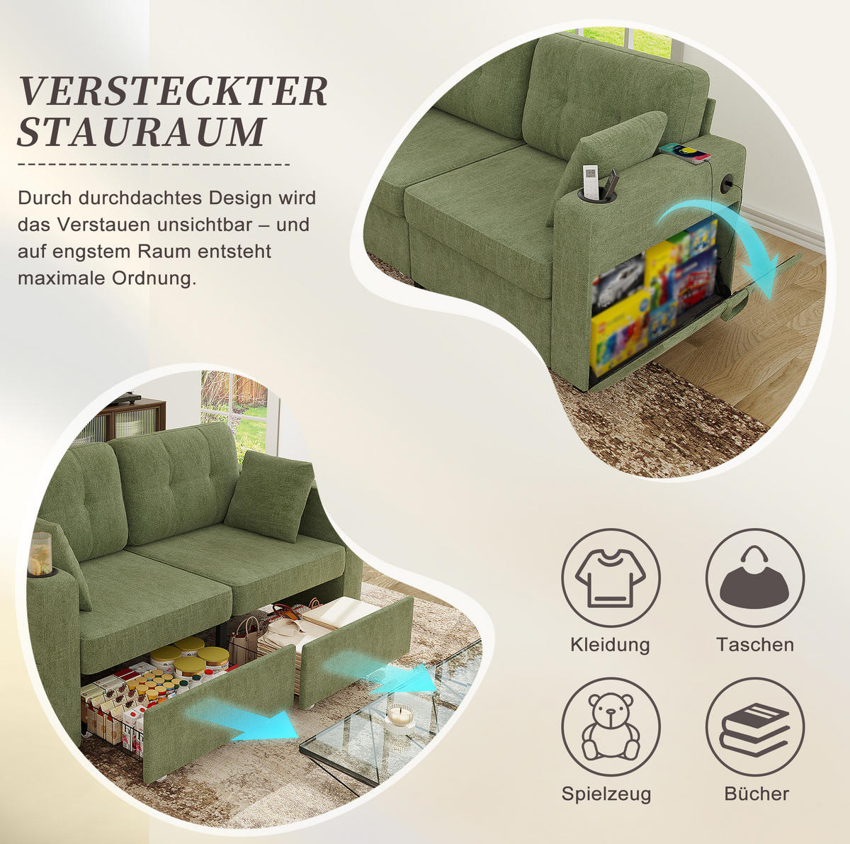 DVOUMÍSTNÁ pohovka 172/75/82 cm olivová z chenille s USB nabíjením, držáky na nápoje a úložnými zásuvkami - šalvějově zelená, textil (75/82/172cm) - OKWISH