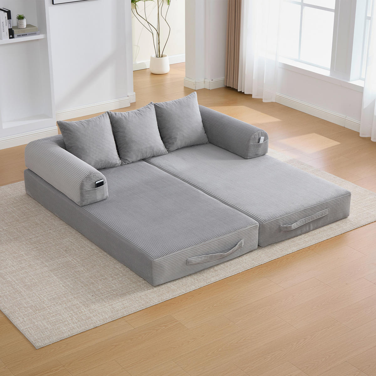 SCHLAFSOFA 200/94/67 cm Hellgrau mit Seitentaschen plus und 3 Kissen - Hellgrau, Textil (200/67/94cm) - Oxeza
