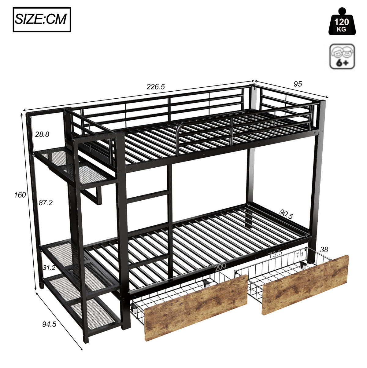 ETAGENBETT 90/200 cm aus Metall mit LED-Beleuchtung, Schubladen und Ablagen - Schwarz, Metall (90/200cm) - Flora Grace