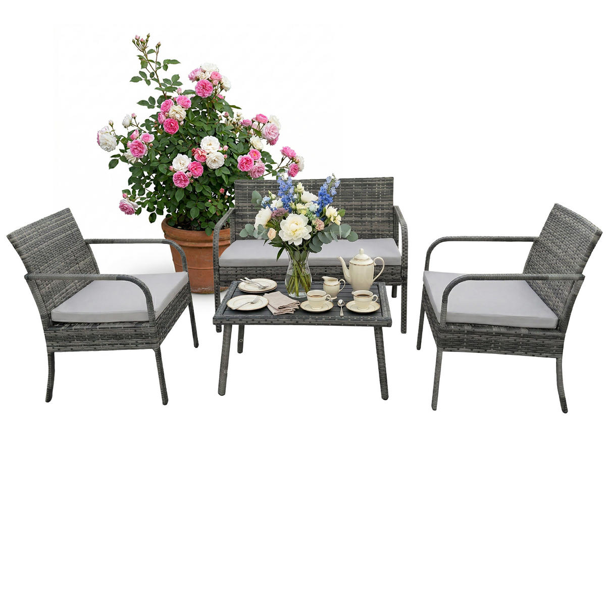 4-TLG.GARTENMÖBEL-SET - Grau, Kunststoff/Textil - Relaxdays