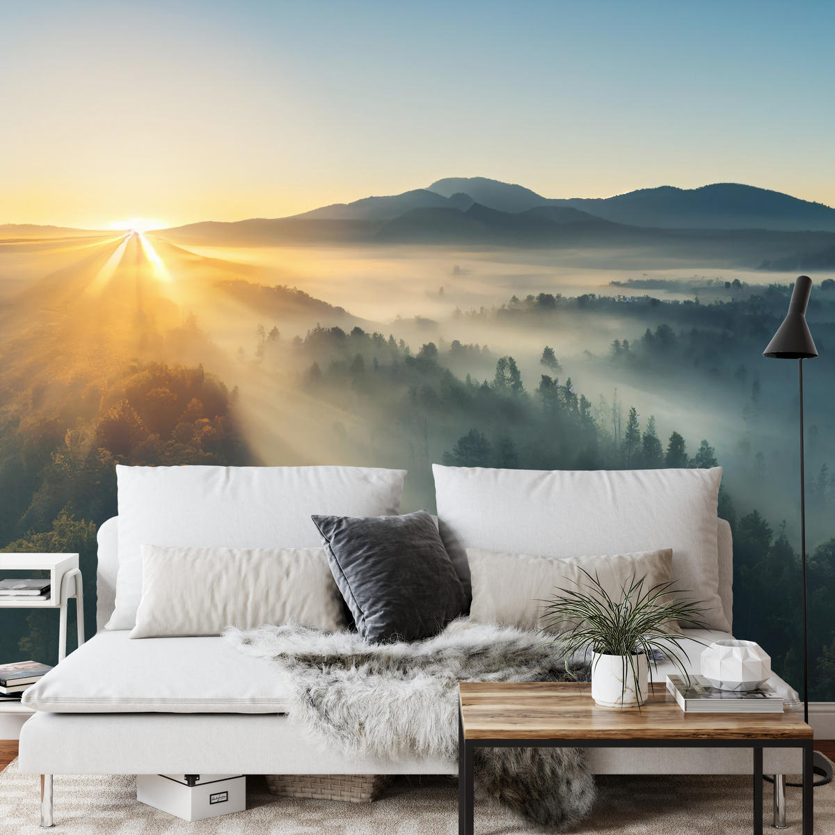 FOTOTAPETA Pre Obývaciu Izbu Východ Slnka Nad Hornatým Ihličnatým Lesom Zlato 500 x 350 cm - hnedá/žltá, papier (500/350cm) - Muralo