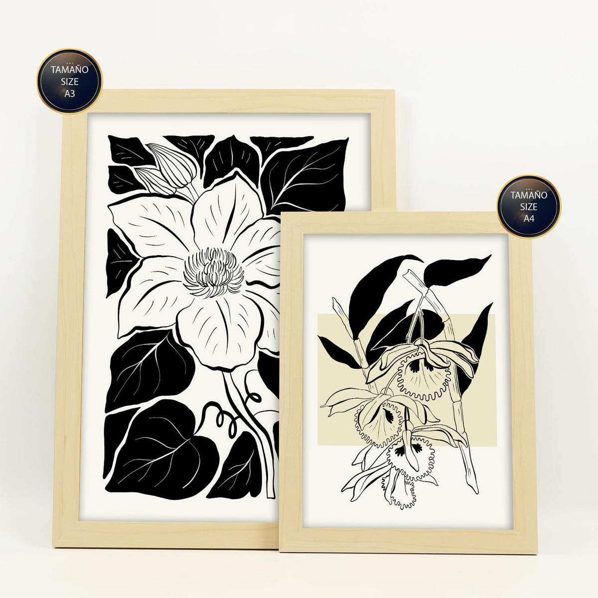 POSTER Set Mit 6 Schwarze Tinte Blumen Größe A3 & A4 Rahmen aus hellem Holz - Beige, Papier (29.7/1cm) - Nacnic